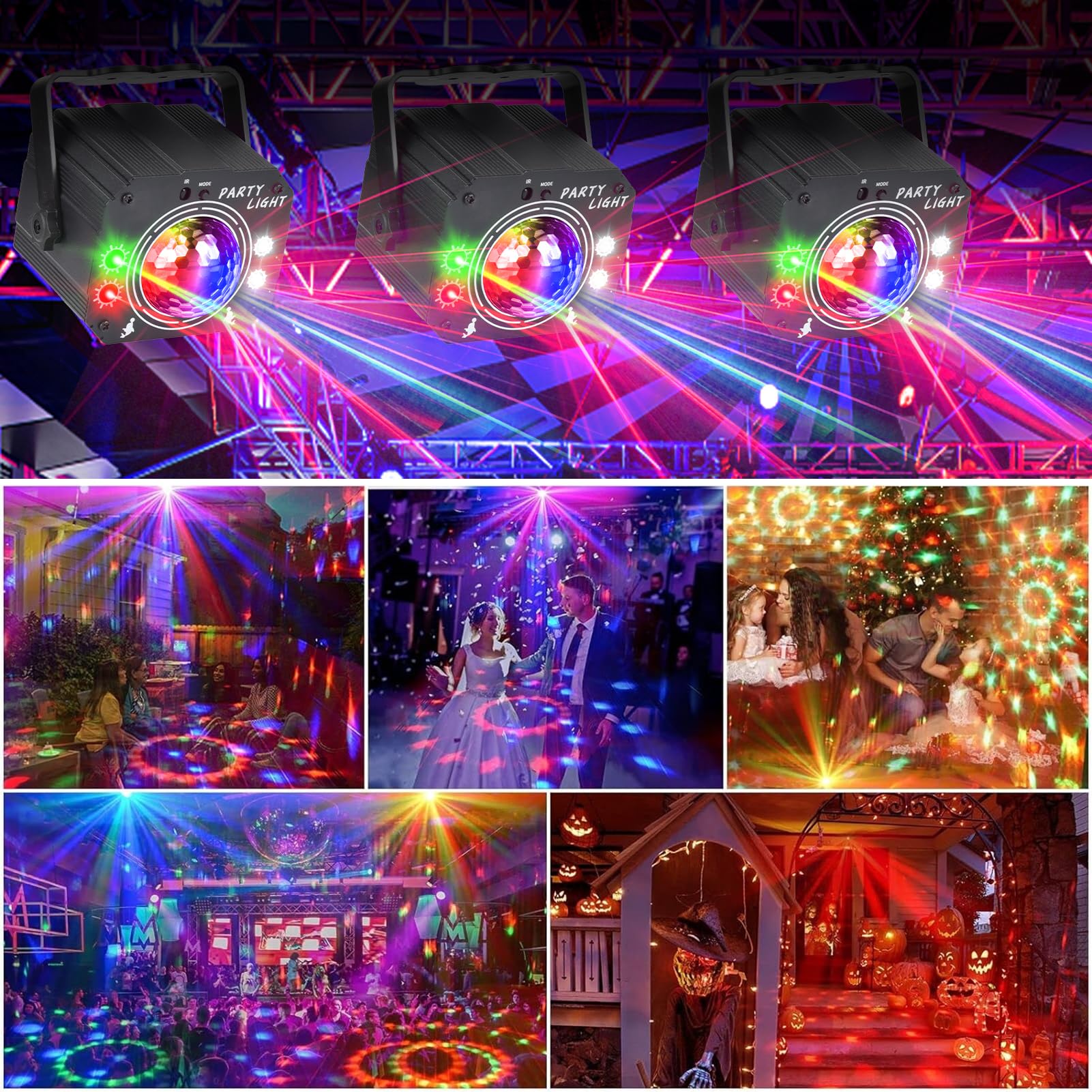 Lampe de Scène 3 en 1 avec Télécommande, Boule Disco avec Stroboscope, Lumière de Fête DJ LED à Commande Vocale Divers Effets RGBW Lumiere Soirée avec 2m Câble USB pour Halloween, Noël, Club, Vacances