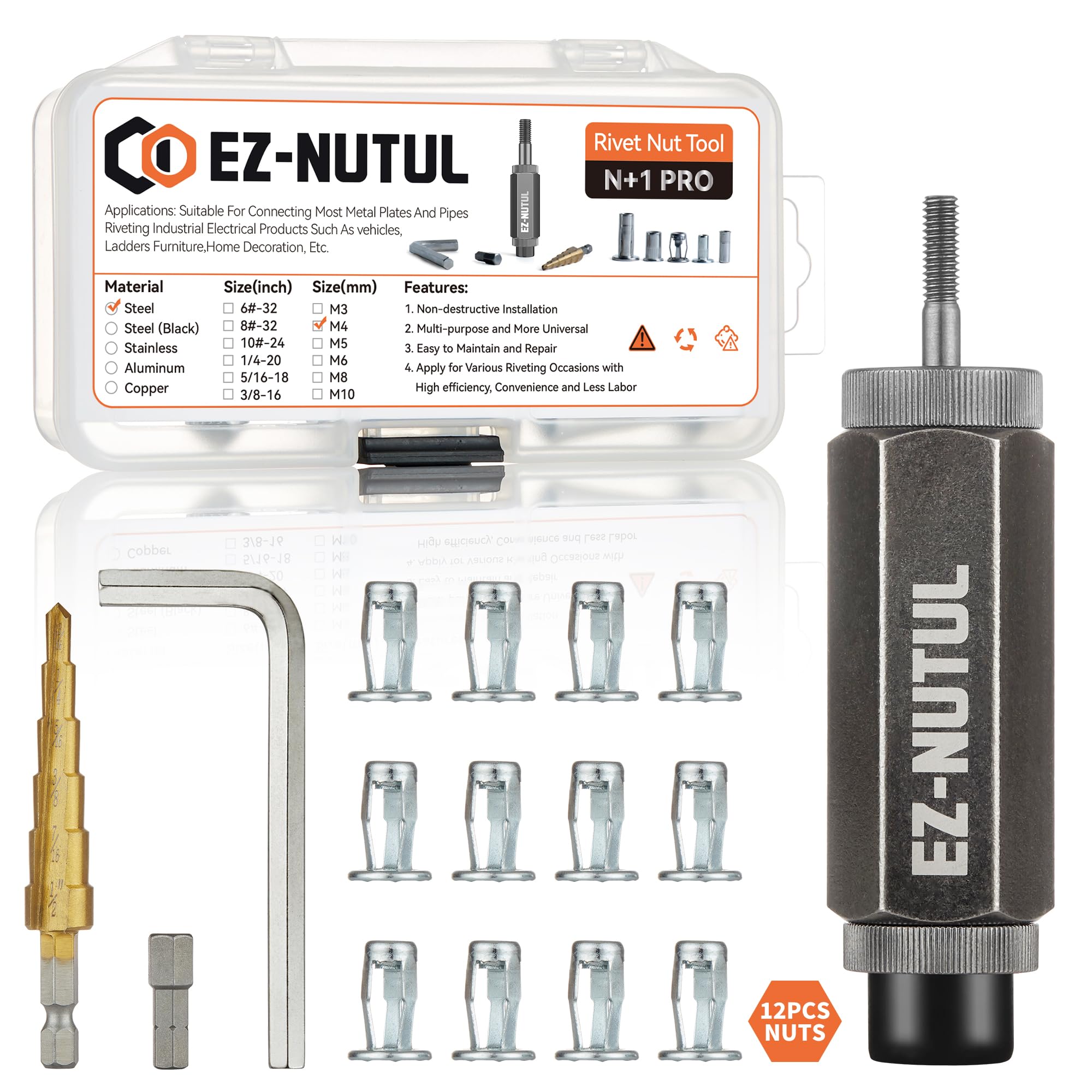 Jack nut Installation Tool Set Hand Thread Insert Jacknuts Assortment Kit for Thin Metal Plastic Polywood Pressboard Hardboard (M4 (Jack Nut Tool-12pcs))