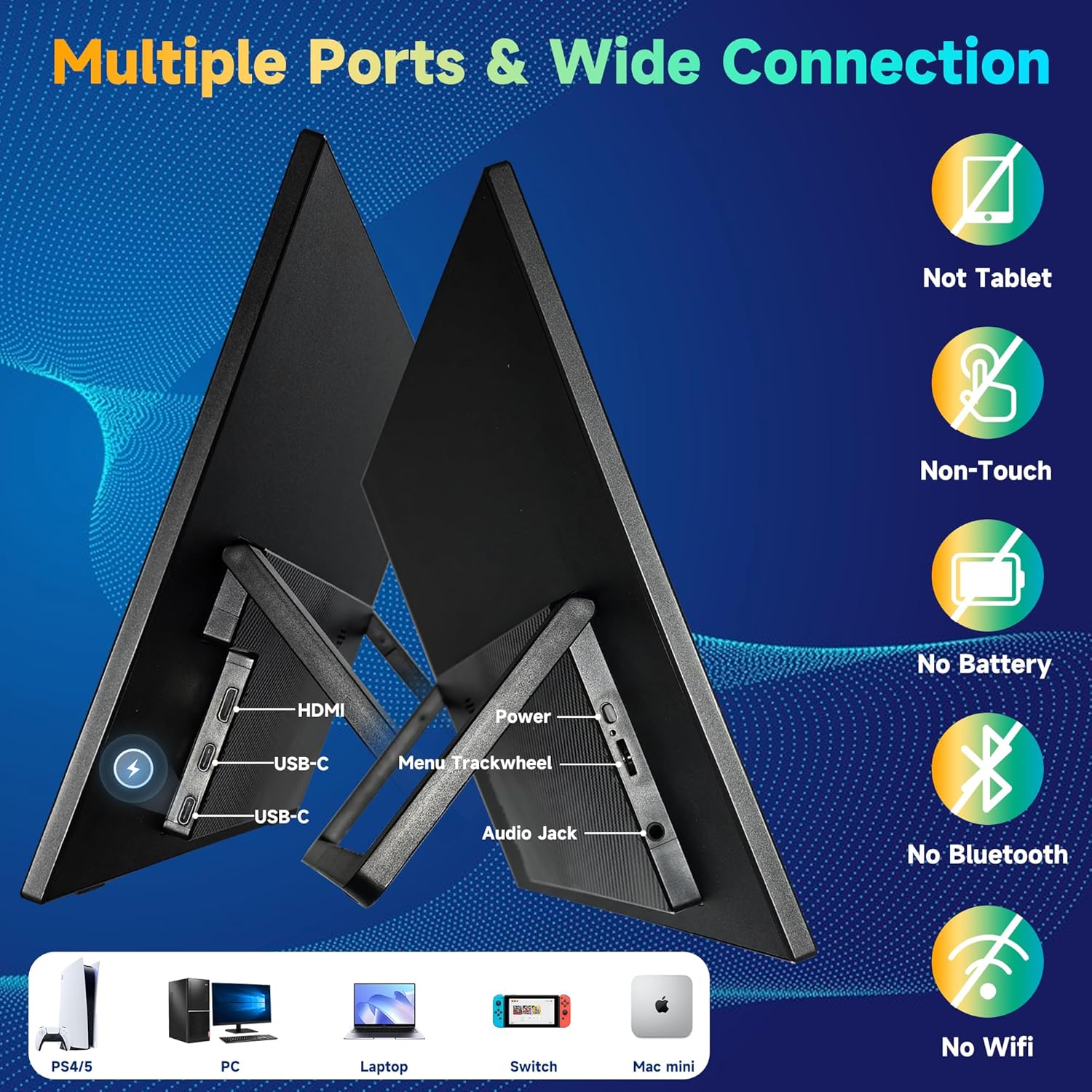 Portable Monitor 15.6 inch, 72% sRGB 1080P HDR FHD, Adjustable Bracket, Laptop Dual C to C & HDMI Second Monitor for PC, Phone Mac Switch PS4/PS5 Gaming Display, Zero Bezel VESA-Protection Package - Image 4