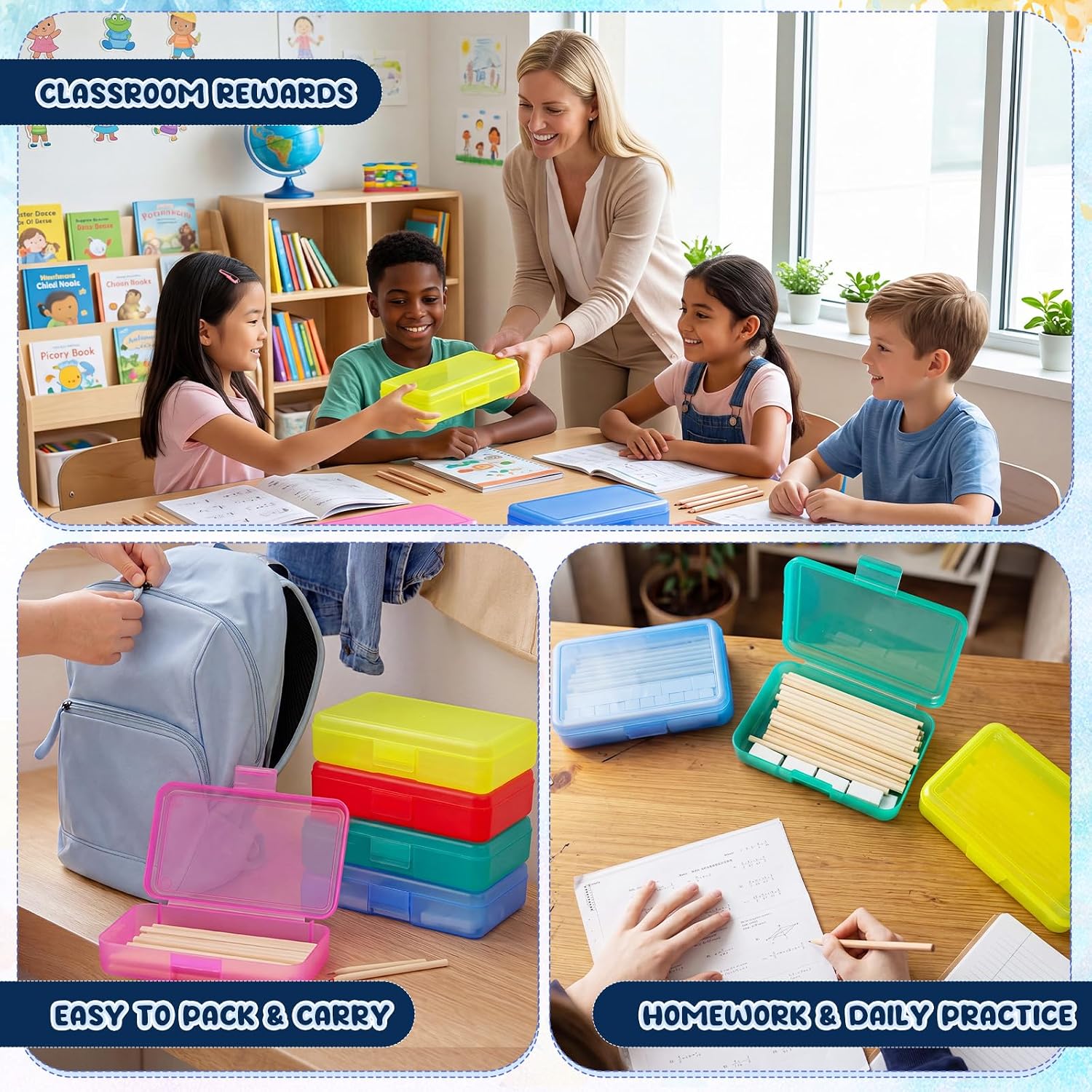 12 Pack Plastic Pencil Box with 72 Pcs Pencils and 36 Pcs Erasers, School Case for Kids Bulk Utility Pencil Hard Plastic Pen Storage Organizer Office Supplies, 5 Colors (Multicolor)