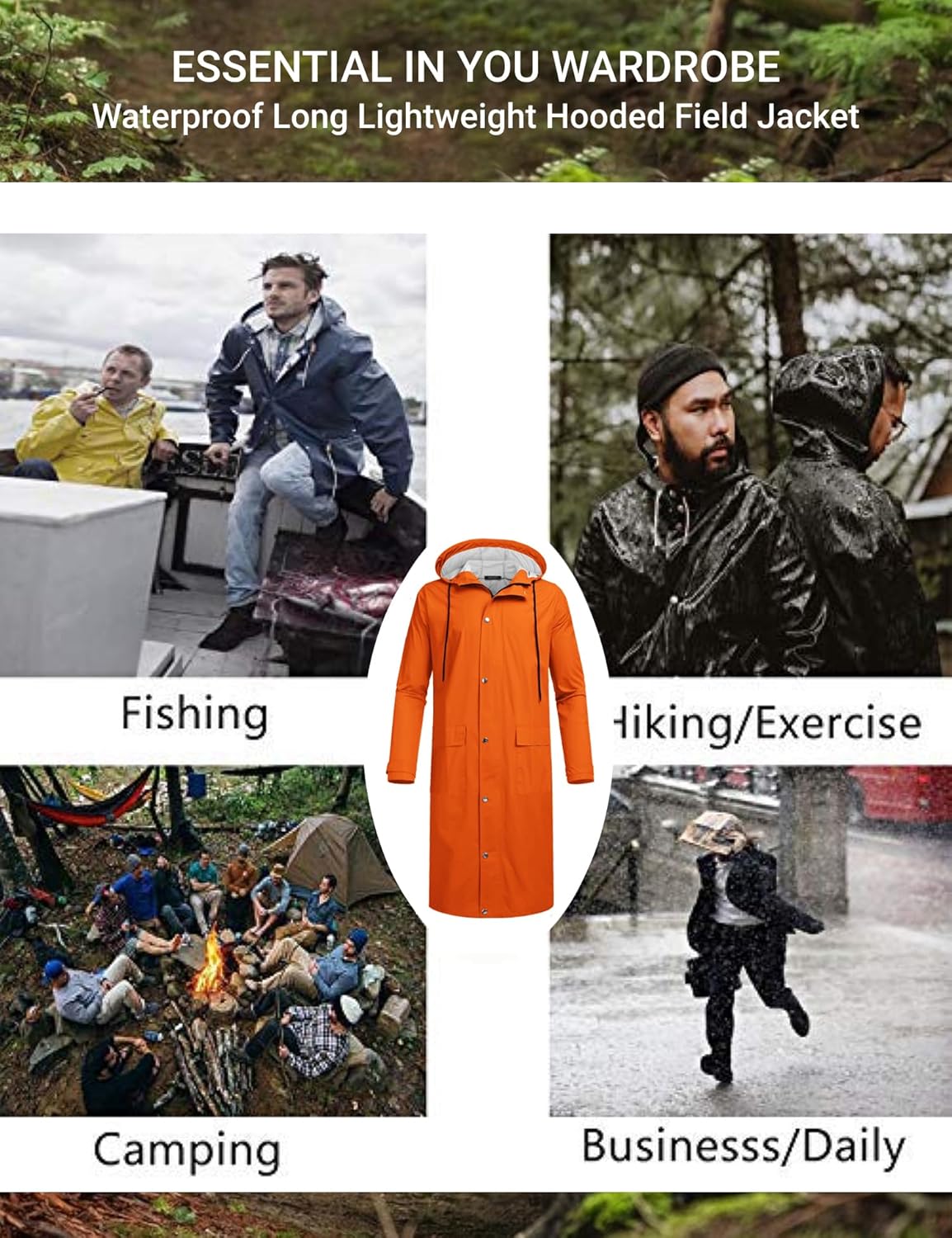 COOFANDY Men's Rain Jacket with Hood Waterproof Lightweight Active Long Raincoat - Image 4