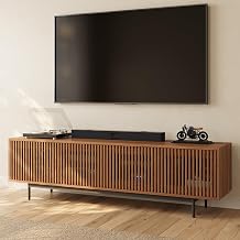 POVISON Mid-Century Modern TV Stand with Slatted Doors, Fully Assembled 78.74" Wood Media Console, TV Console with Tall-cast Metal Legs, Entertainment Center with Storage for Living Room