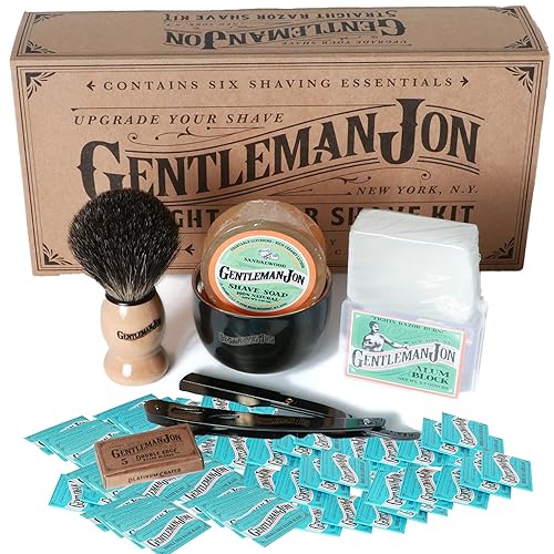 Gentleman Jon Combo de afeitado definitivo, kit de afeitado recto y paquete de 50 cuchillas de afeitar platino de doble filo, juego de aseo de