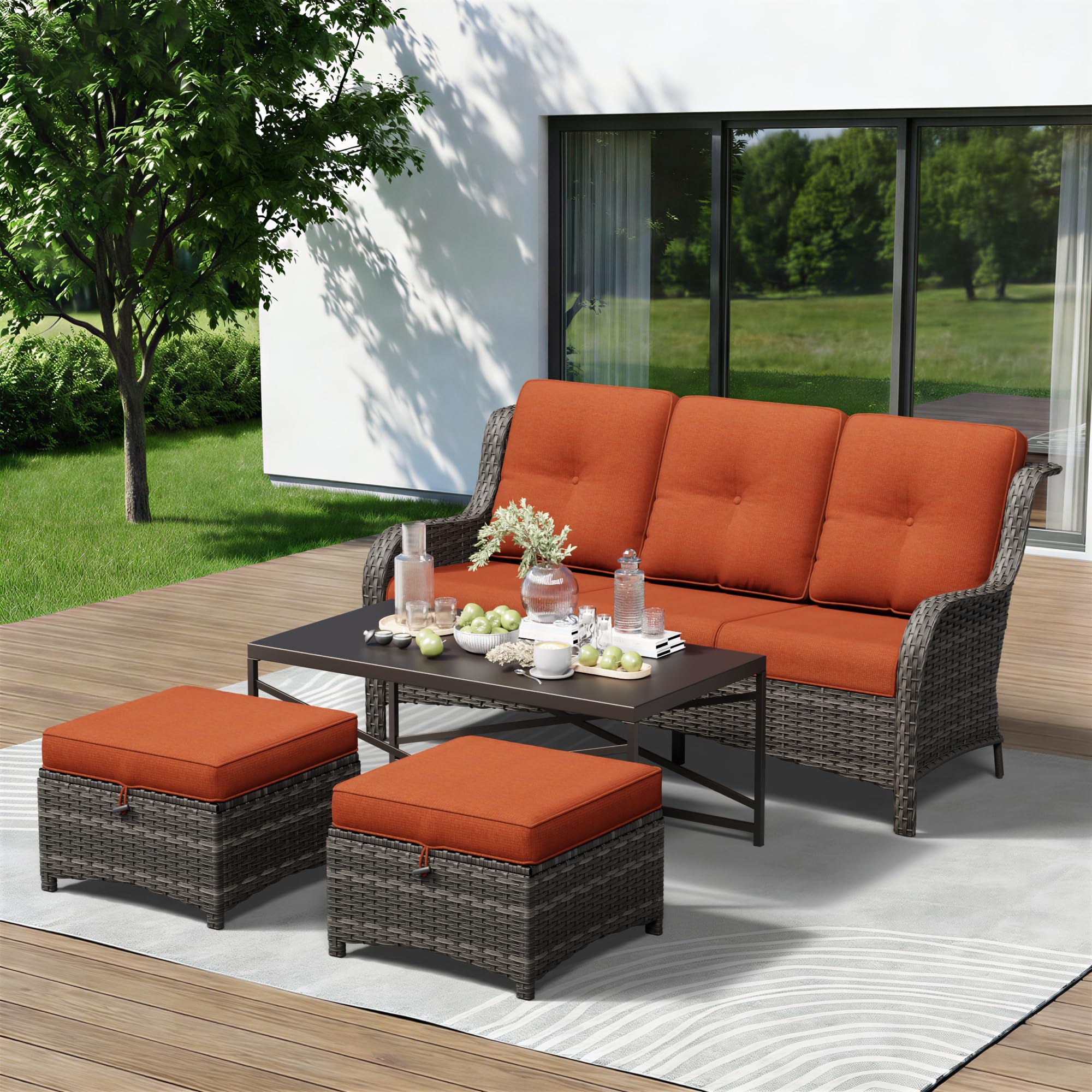 4-Piece Outdoor Couch Set, Includes Wicker Patio Sofa with Thickened Olefin Cushions, High Back and Deep Seating, Hand-Woven PE Rattan and 2 Ottomans, 1 Coffee Table for Porch, Deck
