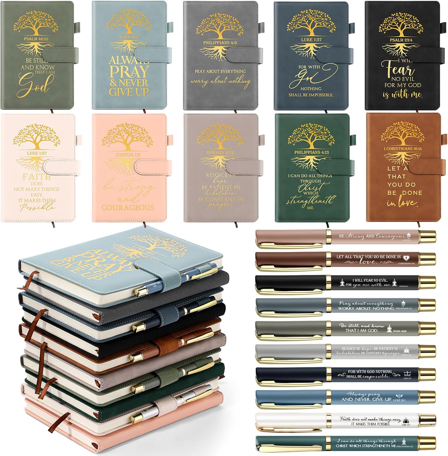 Kosiz 10 Sets Christian Prayer Journals Bulk for Women, Leather Bible Verse Notebooks with Pens, Church Bible Study Gifts for Easter, Ministry and Retreat Events(English)