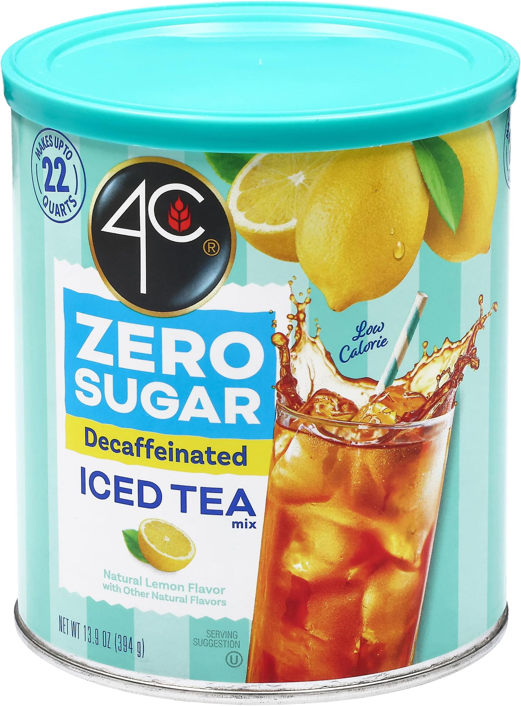 4C Zero Sugar Powdered Drink Mix Cannisters, Zero Sugar Decaffeinated Iced Tea, 22 Quarts, Family Sized Cannister, Low Calorie, Thirst Quenching Flavors (Decaf Iced Tea, 13.9 Ounce (Pack of 1))