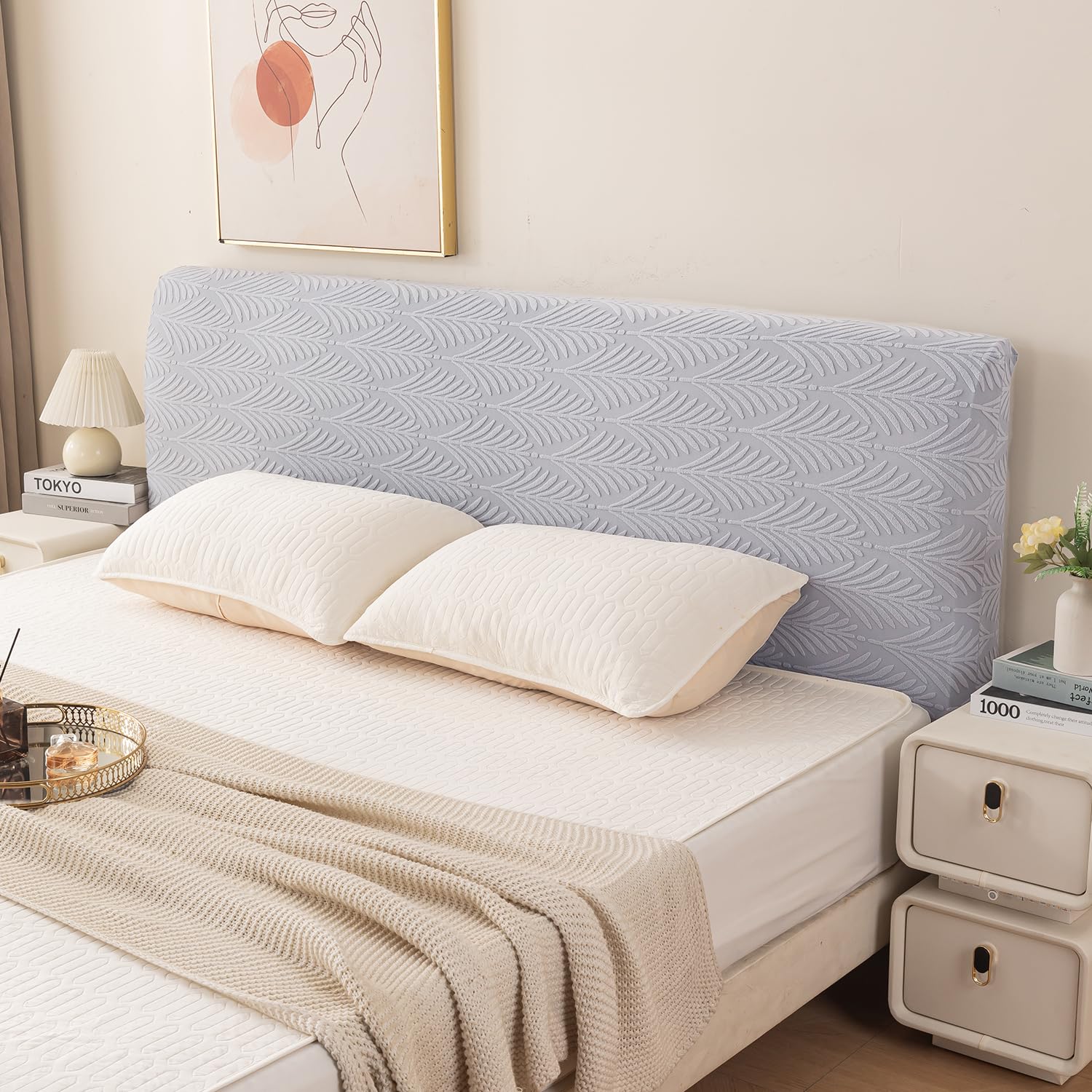 HOKIPO 220 GSM Stretchable Jacquard Bed Headboard Cover for for King and Queen Bed | Fits Headboard of 5ft to 6.5ft Beds, Light Grey (AR-6705-LGRY)