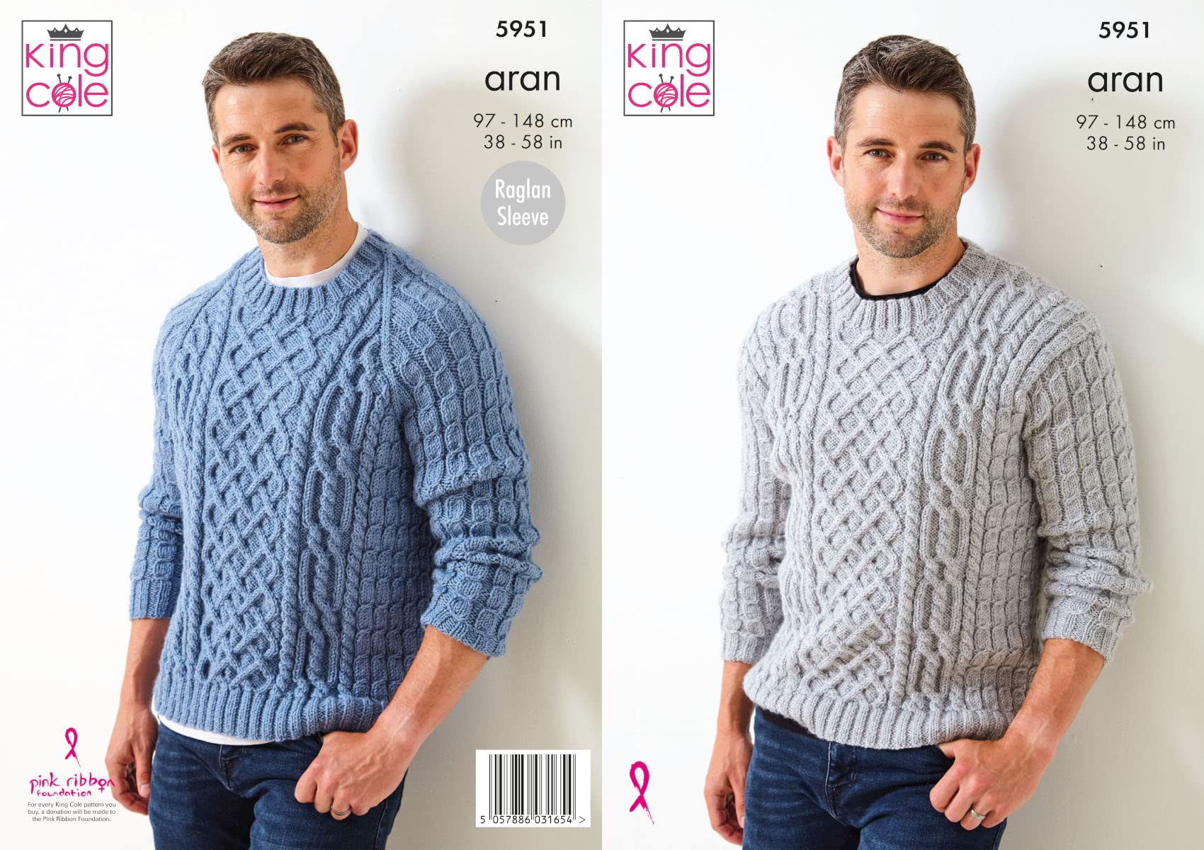 King Cole Men's Multi 5951 Knitting Pattern Round Neck Cable Sweaters In Fashion Aran