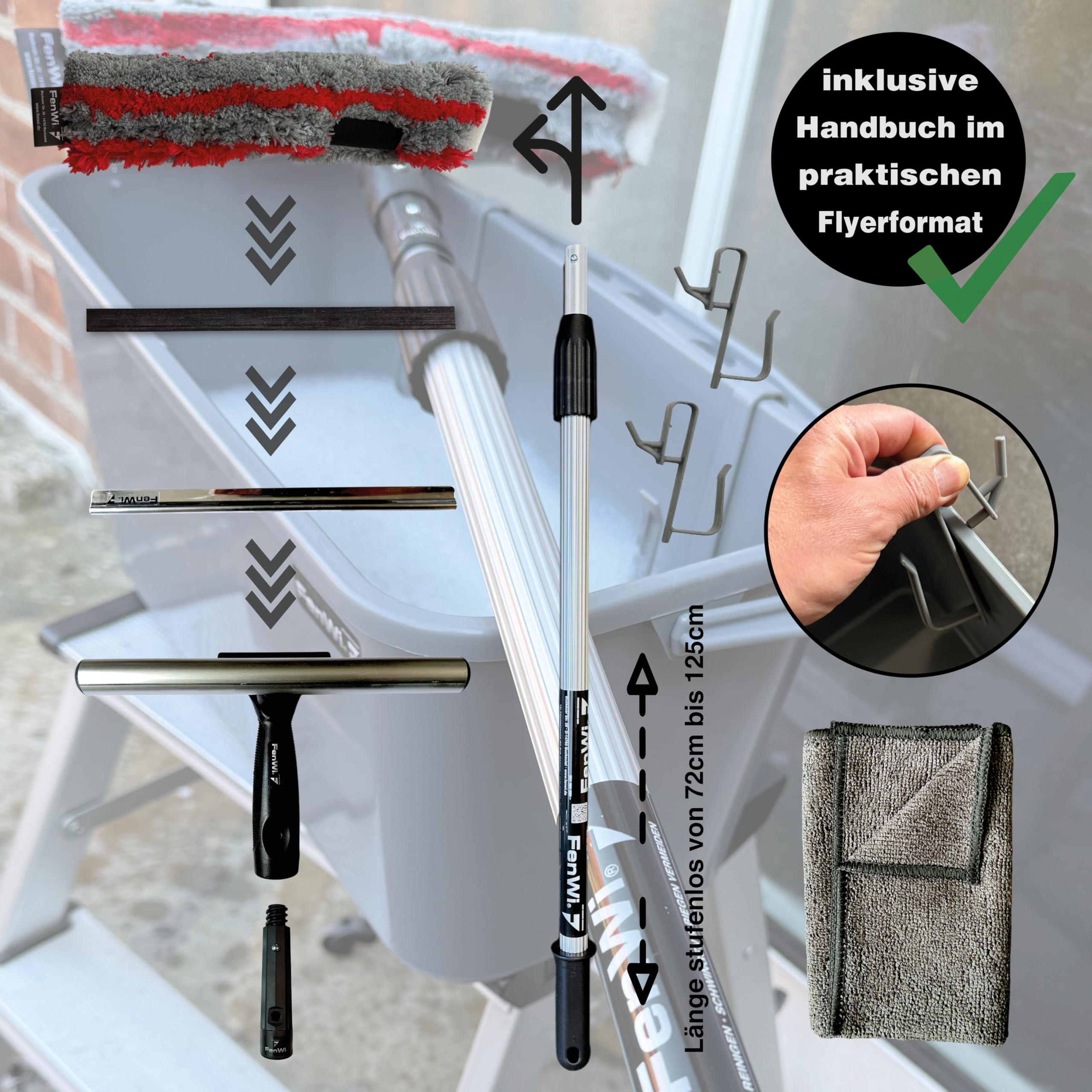 FenWi 1,25m Profi Komplett Set zur Glasreinigung mit 25/30cm Kombi Fensterabzieher Mikrofaser Einwascher Teleskopstange Rechteckeimer I Zubehör zur Fensterreinigung mit Wischeimer zum Fensterputzen