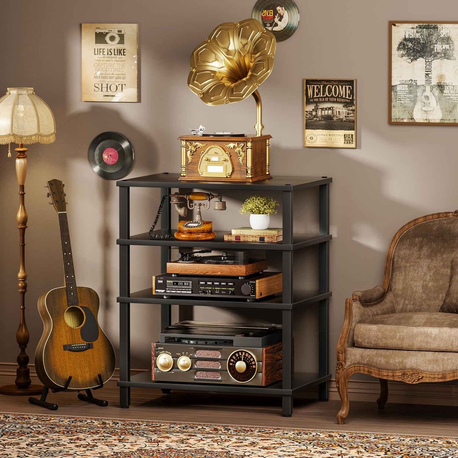 LELELINKY 4-Tier AV Media Player Stand, Black Stereo Cabinet, Modern Stereo Cabinet, Wooden TV Stand,Game Console Shelf, Multifunctional Entertainment Center, Suitable for Home, Conference Room