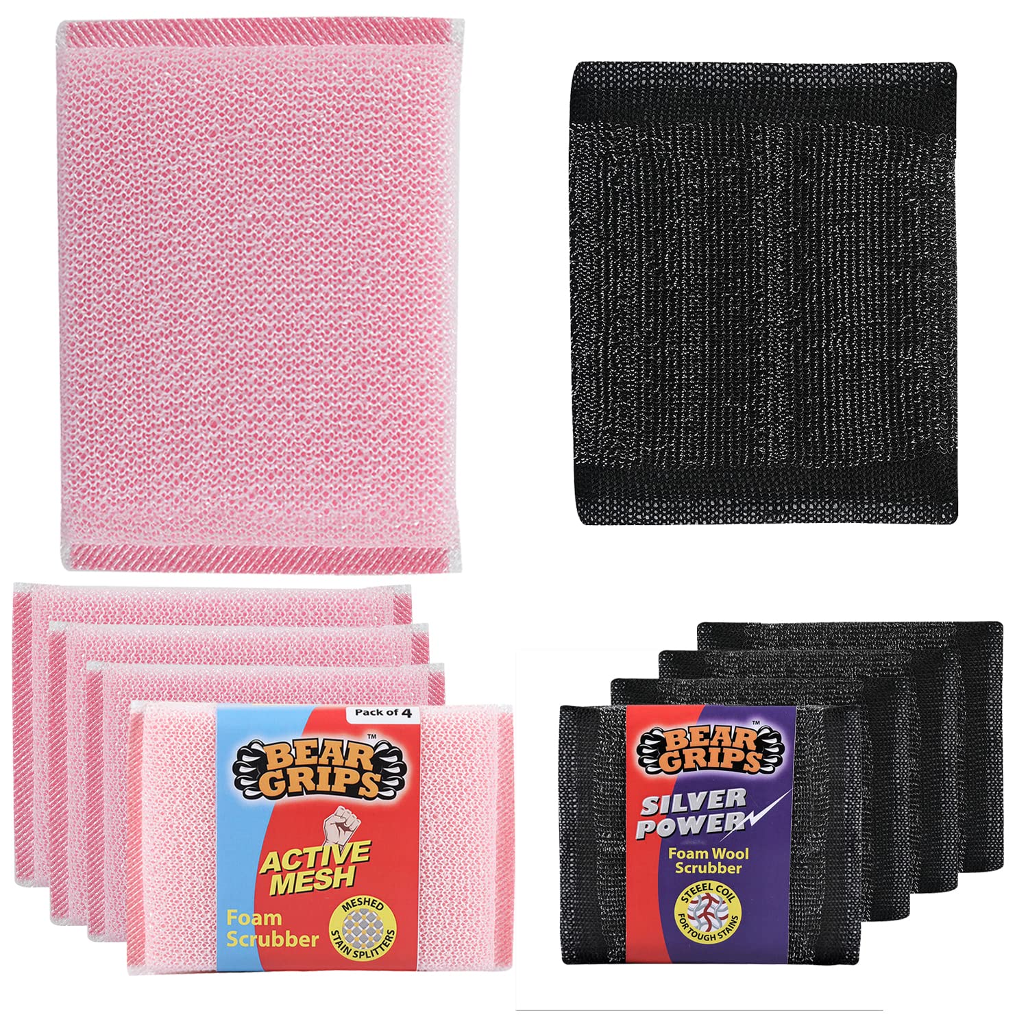 BEAR GRIPS Silver Power Foam Wool Scrubber with Steel Loops for Tough Oily Stains and Active Mesh Foam with Stain Splitter net Scrub for All Utensils Type Dish Washing - Combo Pack of 8 (B08SCLS23N) Amazon Price History, Amazon Price Tracker