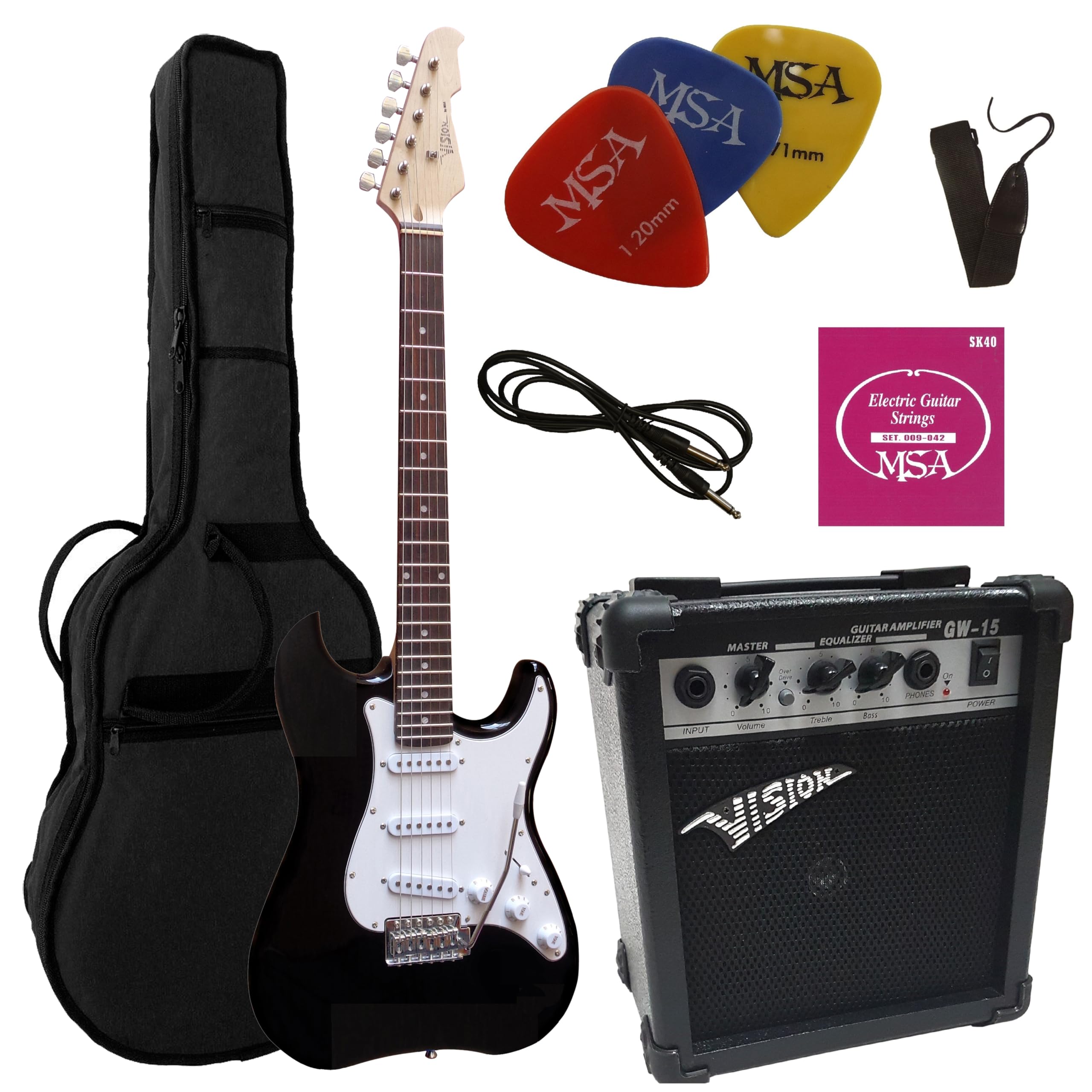 Vision, Chitarra elettrica nera, set con amplificatore da 20 Watt, borsa, nastro, corde, 3 plettri