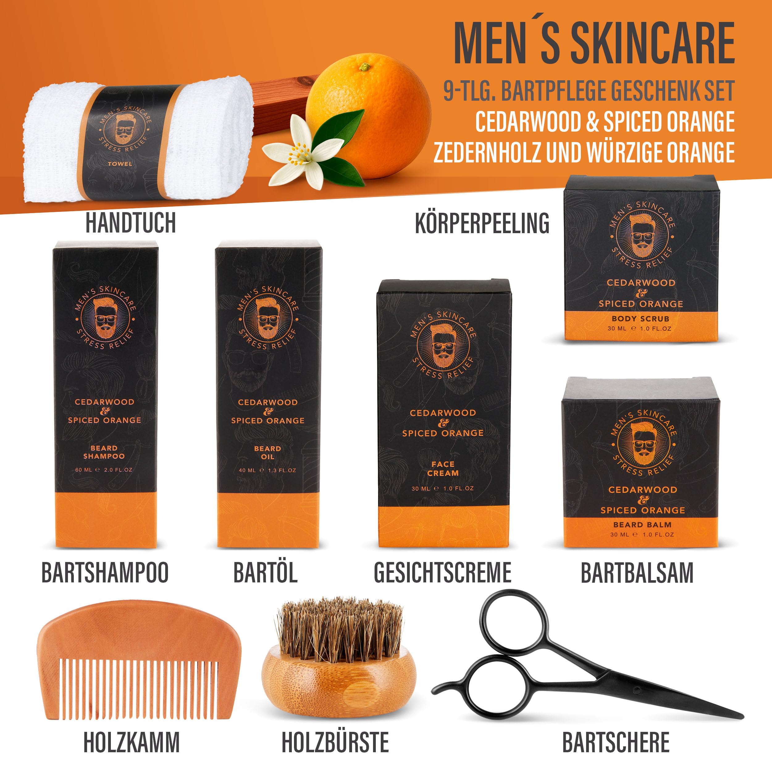 BRUBAKER Kit de 9 Piezas para el Cuidado de la Barba y la Cara con Champú, Aceite, Bálsamo, Cepillo, Crema para la Cara, Pelar, Peine, Tijeras, Guante para Lavar - Regalos para Hombres