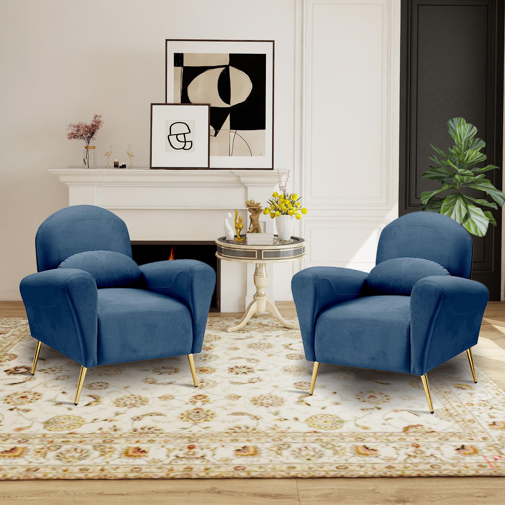 Pingliang HomeVelvet Accent Chair Set of 2, Upholstered Reading Armchair with Waist Cushion, Modern Living Room Chairs Single Armchair, Golden Metal Legs (Blue)