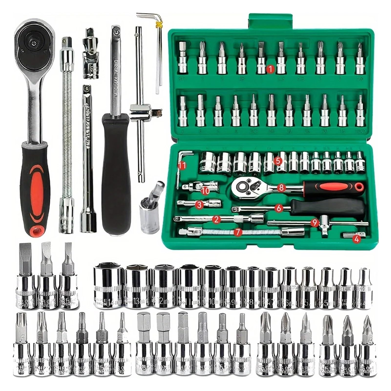 Rynzo Tool Set 46pc 1/4 inch Ratchet Wrench Set with Sockets Metric Hex Bit Socket Mechanic Tool Kits for Auto Repair Hous