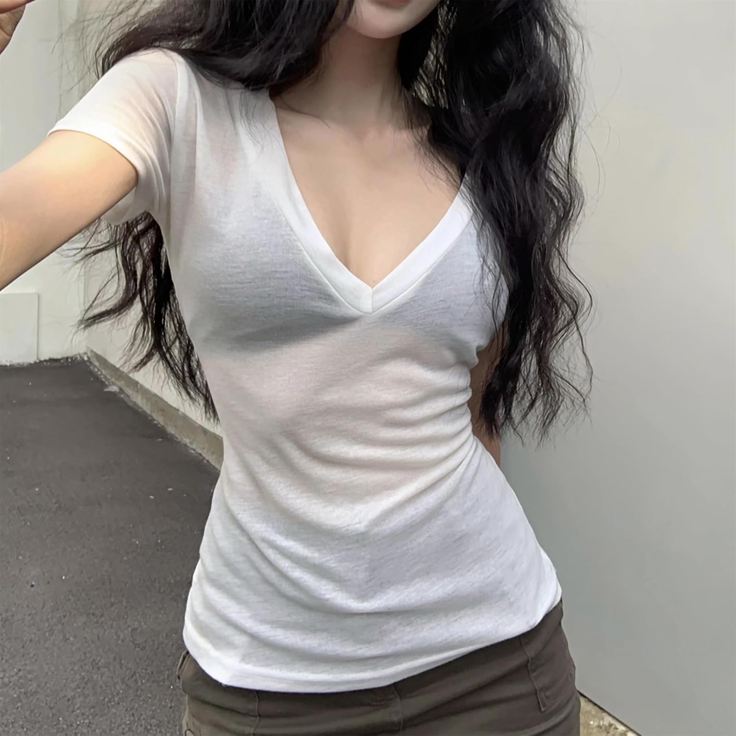 Elbucutess Women's Summer V-Neck T-Shirts Short Sleeve Sheer Basic Tops Tee White - Image 4