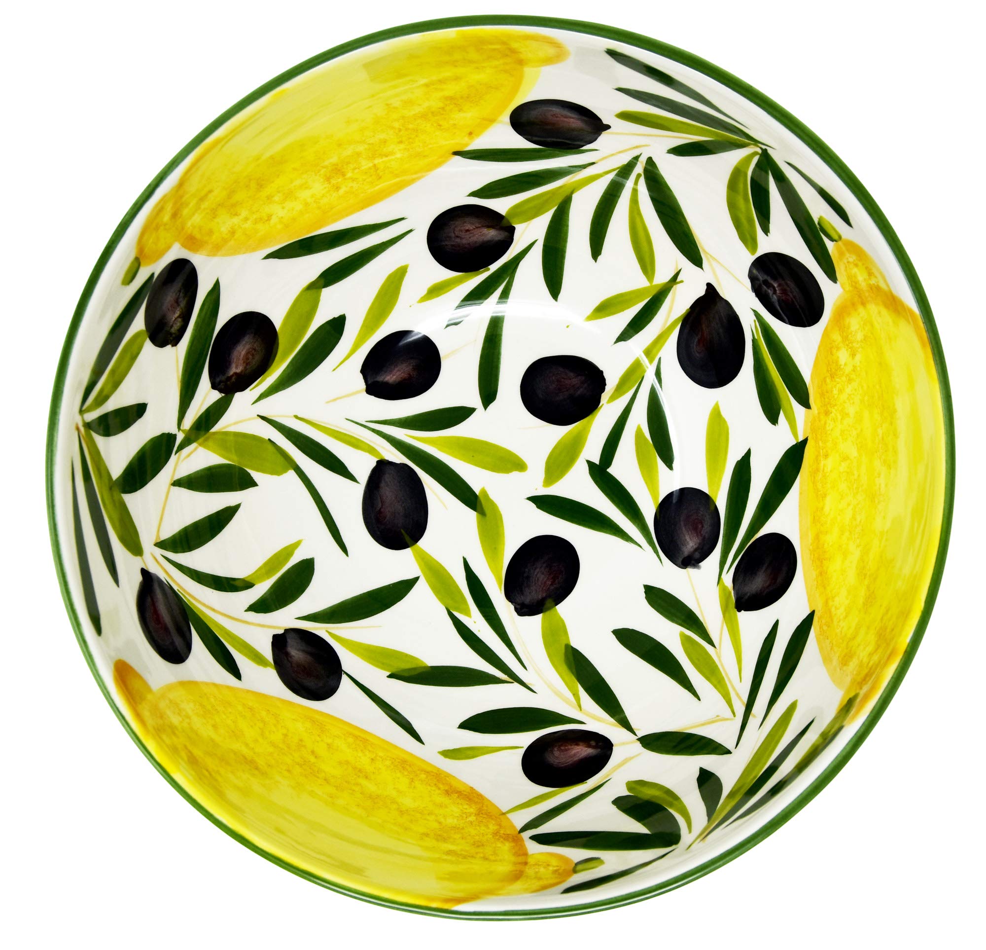 Lashuma Bol de service rond en céramique italienne peinte à la main 26 cm - Design citron - Olive - Profondeur : 12 cm