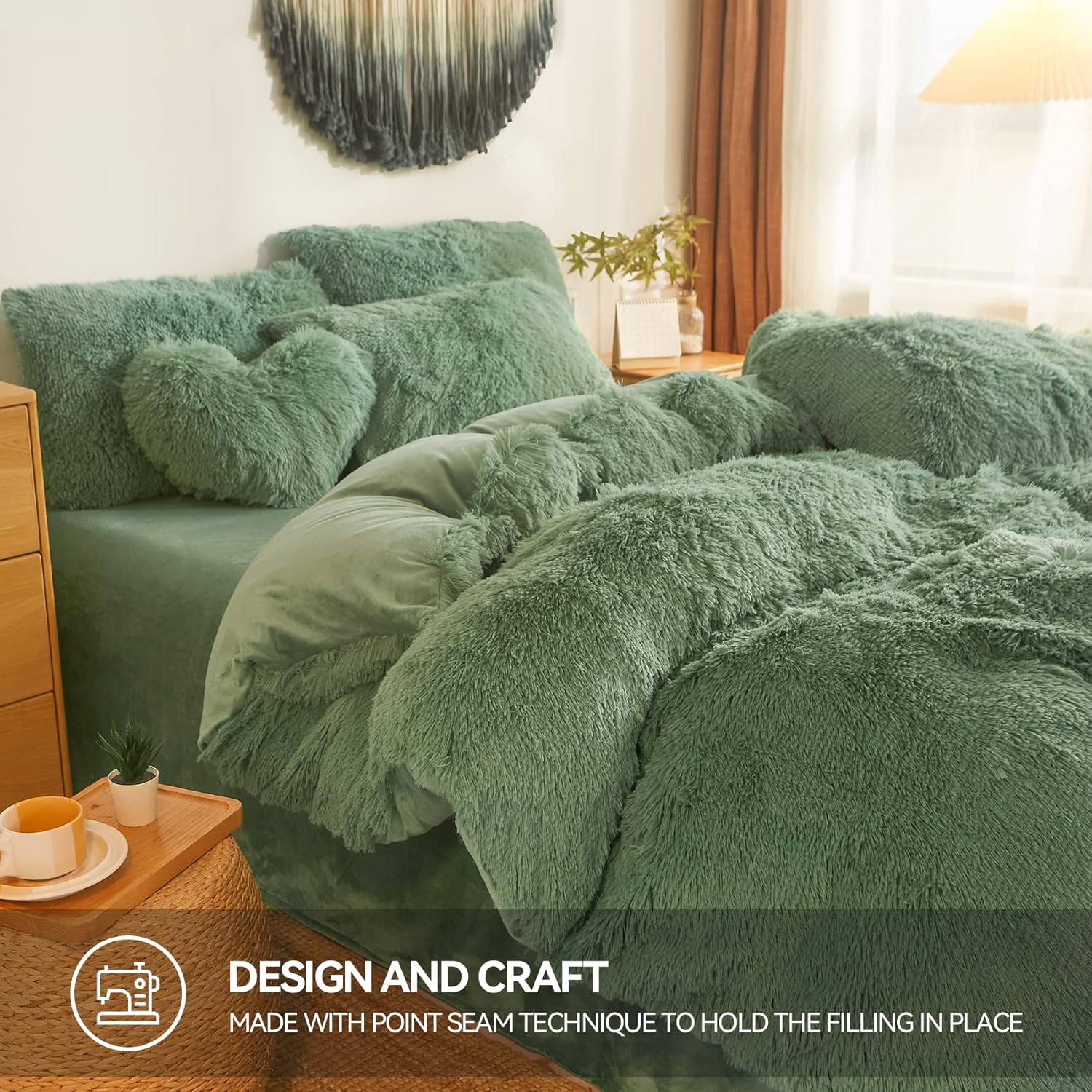 Furry Green Comforter Set Queen，Down Alternative Fur Comforter 3pcs Set（1 Plush Comforter +2 Furry Pillow Cases Modern All Season Microfiber Fill Duvet Insert Bedding (Green, Full/Queen)