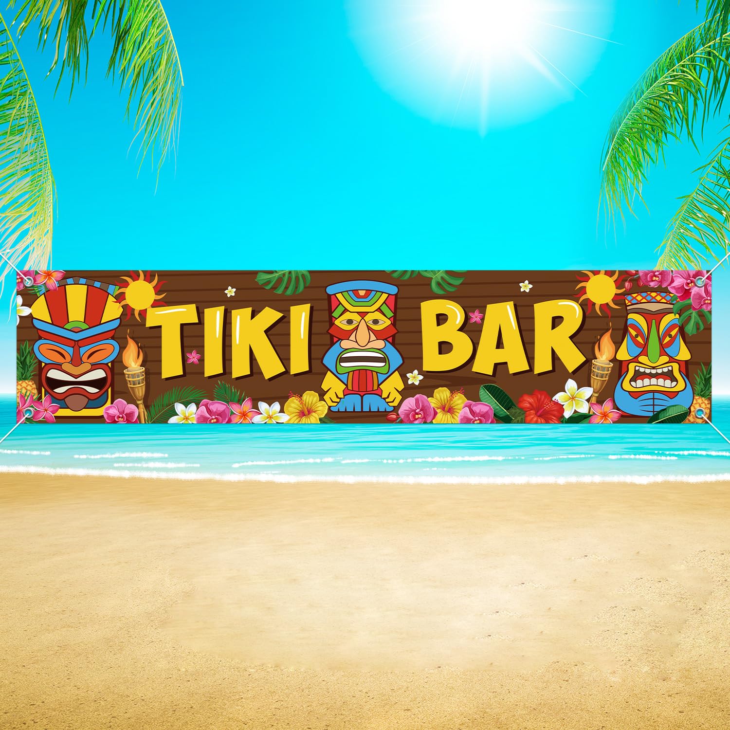 Blulu Hawaiian Luau Party Decoration Tiki Bar Banner Luau Tiki Bar Sign Hawaii Party Tropical Banner Totem Aloha Scene Setters for Hibiscus Decorations Carnival House Backdrop,15.7 x 72 Inch