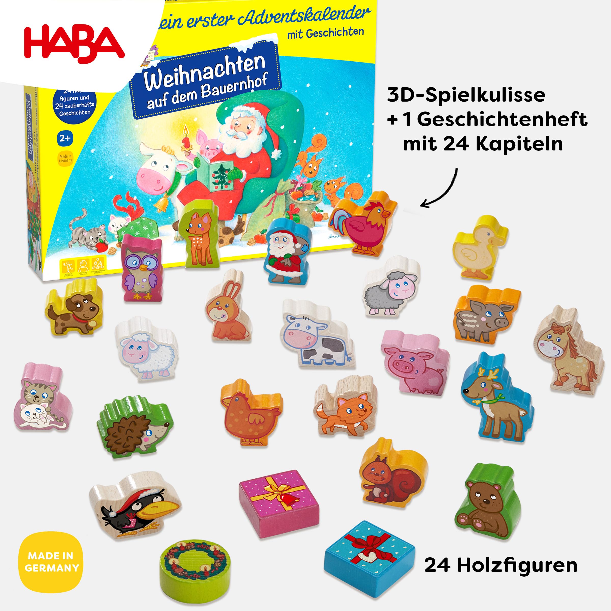 HABA Adventskalender – Weihnachten auf dem Bauernhof – 3D-Spielkulisse mit 24 liebevollen Holzfiguren – Weihnachtskalender für Kinder ab 2 Jahren – 1303156001