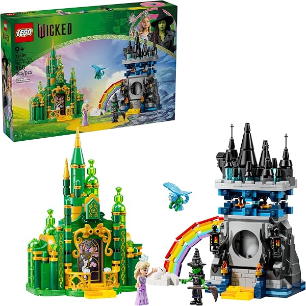 LEGO Wicked Emerald City & Kiamo Ko Castle Building Toy - Elphaba & Glinda Toy Figures, 2 Buildable Playsets, & Flying M