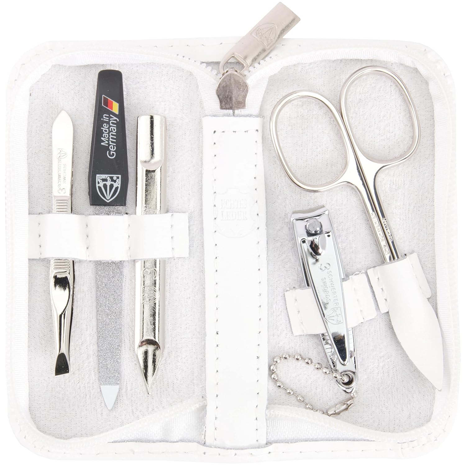 3 Swords Germany – brand quality 5 piece manicure pedicure grooming kit set for professional finger & toe nail care scissors clipper genuine leather white case in gift box, Made in Germany