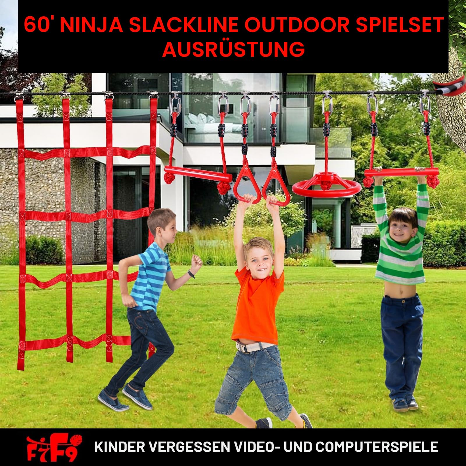 18 Meter Langer Ninja-Warrior-Hindernisparcours für Kinder – Slackine-Spielset mit Kletterstangen, Tragkraft 165 kg, höhenverstellbar, Trainingsgerät für drinnen und draußen im Garten