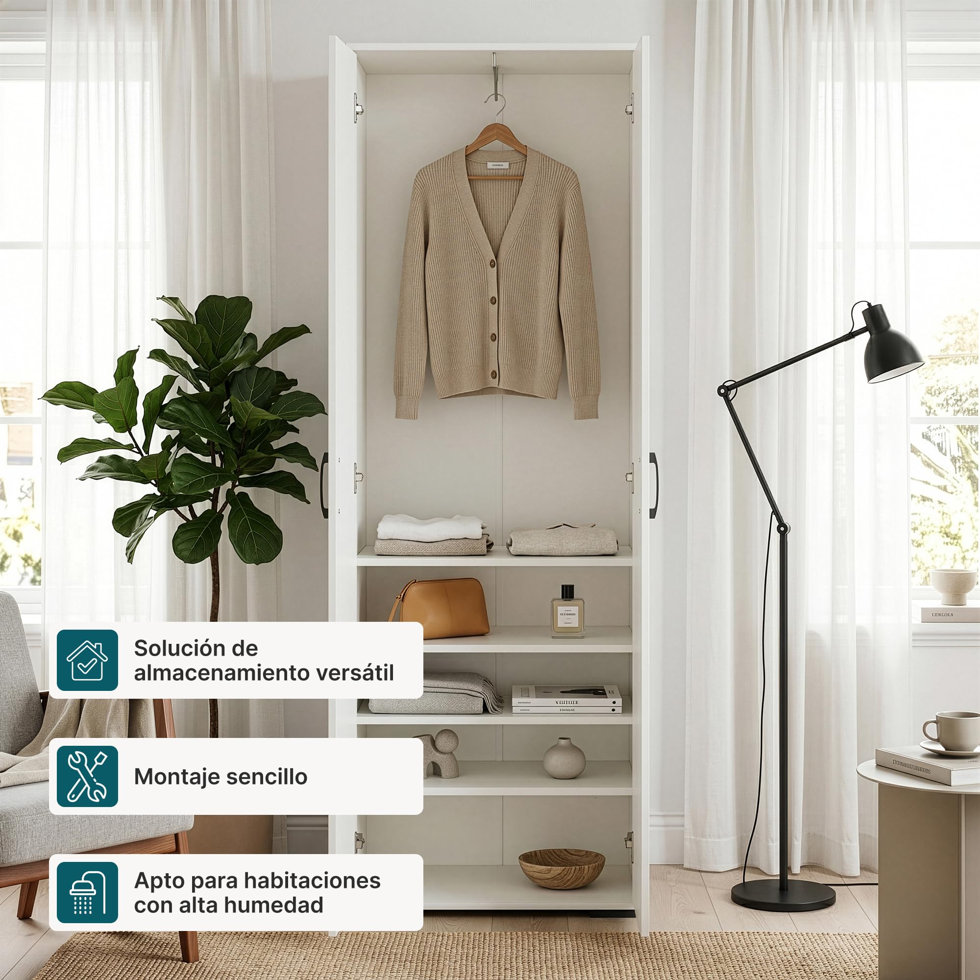 [en.casa] Armario Dormitorio Chalvefted Barra 2 Puertas 175x60x35cm Blanco | Ropero 3 estantes ajustables
