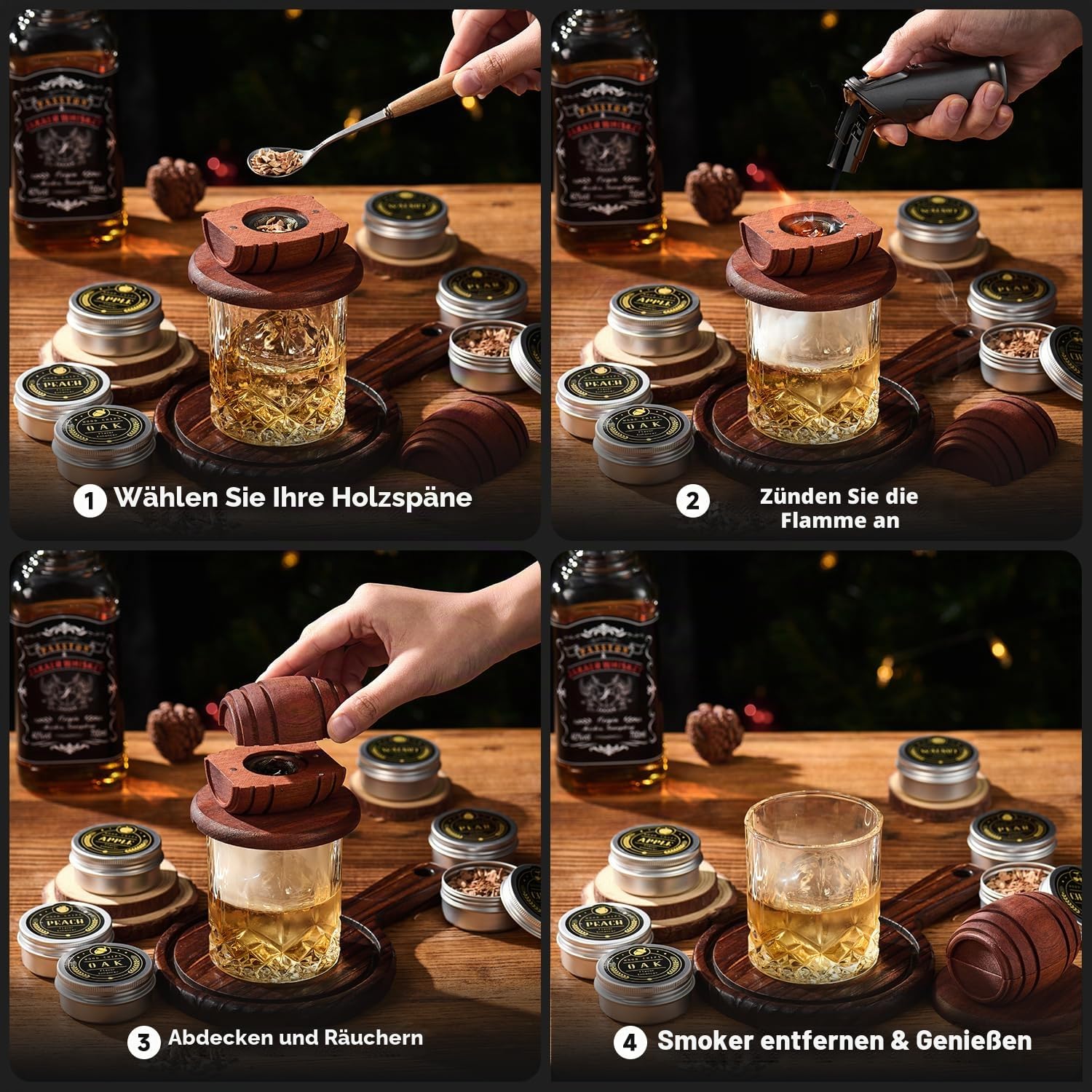 Whiskey Smoker Kit with Torch,6 Flavors Wood Chips, 2 Glasses, 2 Ice Ball Molds,Cocktail Smoker Infuser Kit, Old Fashioned Drink Smoker Kit, Husband , Boyfriend (Without Butan)