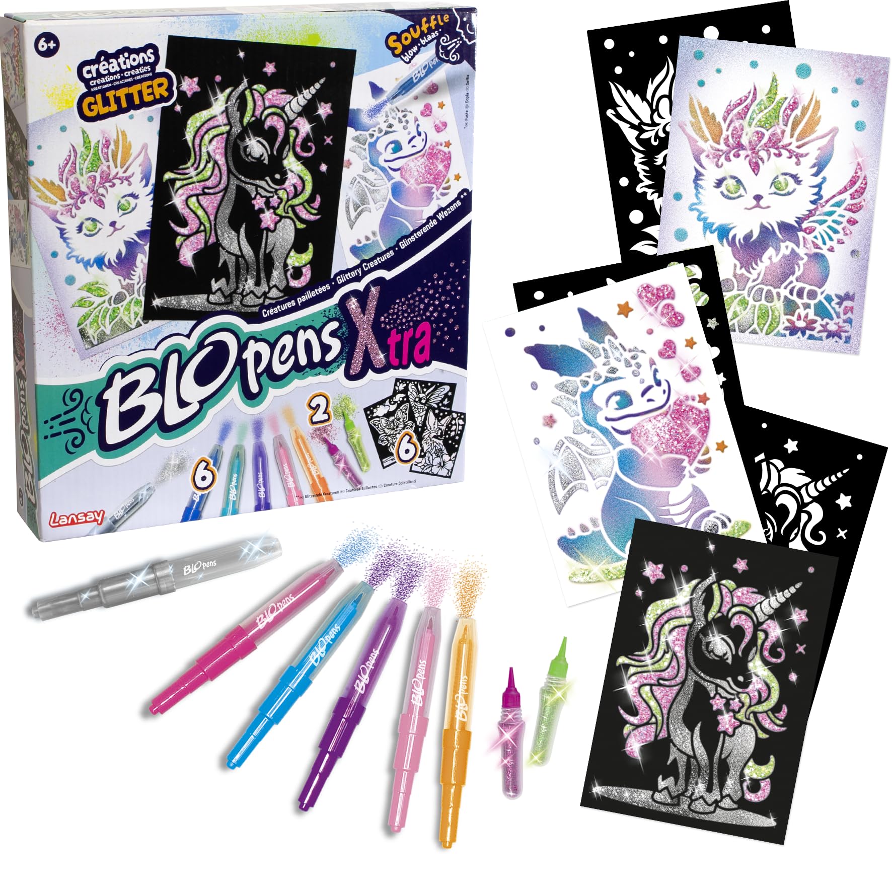 Lansay - BLOPENS X-TRA - Glitter Creatures Set - Blowing Coloring Felts Drawing Kit with Reusable Stencils & Glitter Tubes - Gift Idea for Children from 6 Years Old - 6 Fantastic Designs