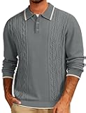 Mens Knit Polo Sweater Long Sleeve Textured Casual Collared Button Sweater Ribbed Lightweight
