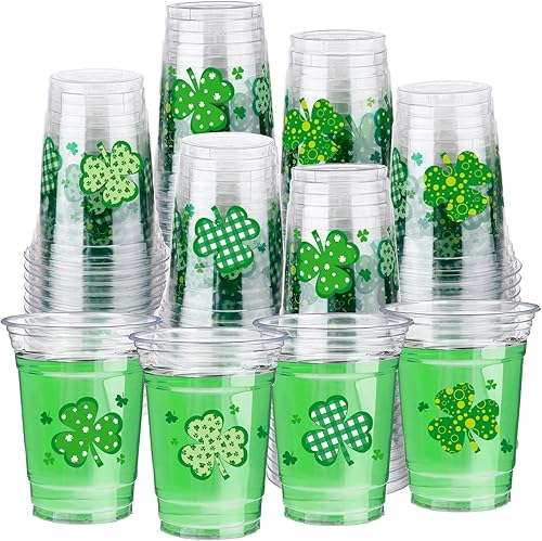 Zopeal Paquete de 40 vasos de fiesta del día de San Patricio 16 onzas desechables de plástico transparente para decoración del día de San Patricio