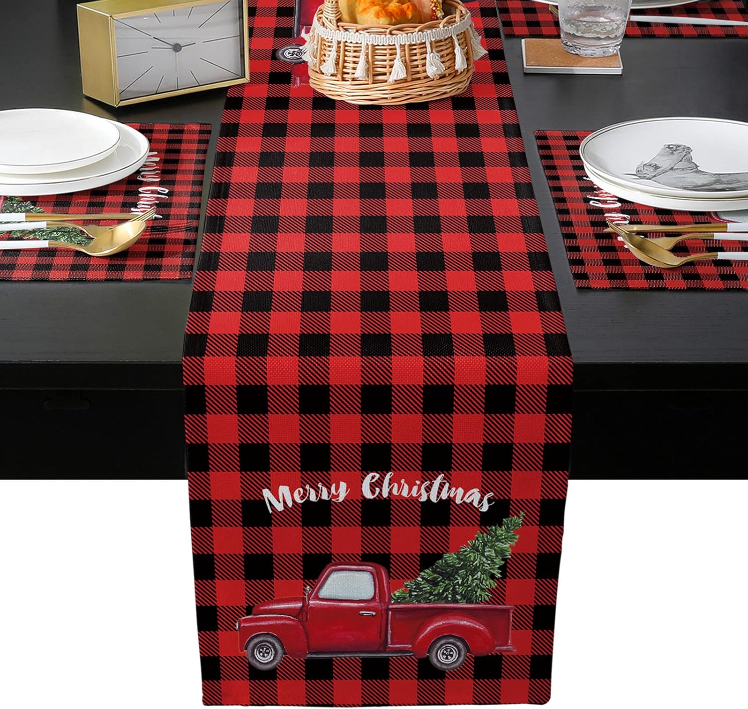 ZEREAA Christmas Table Runner and Placemats Set, Truck with