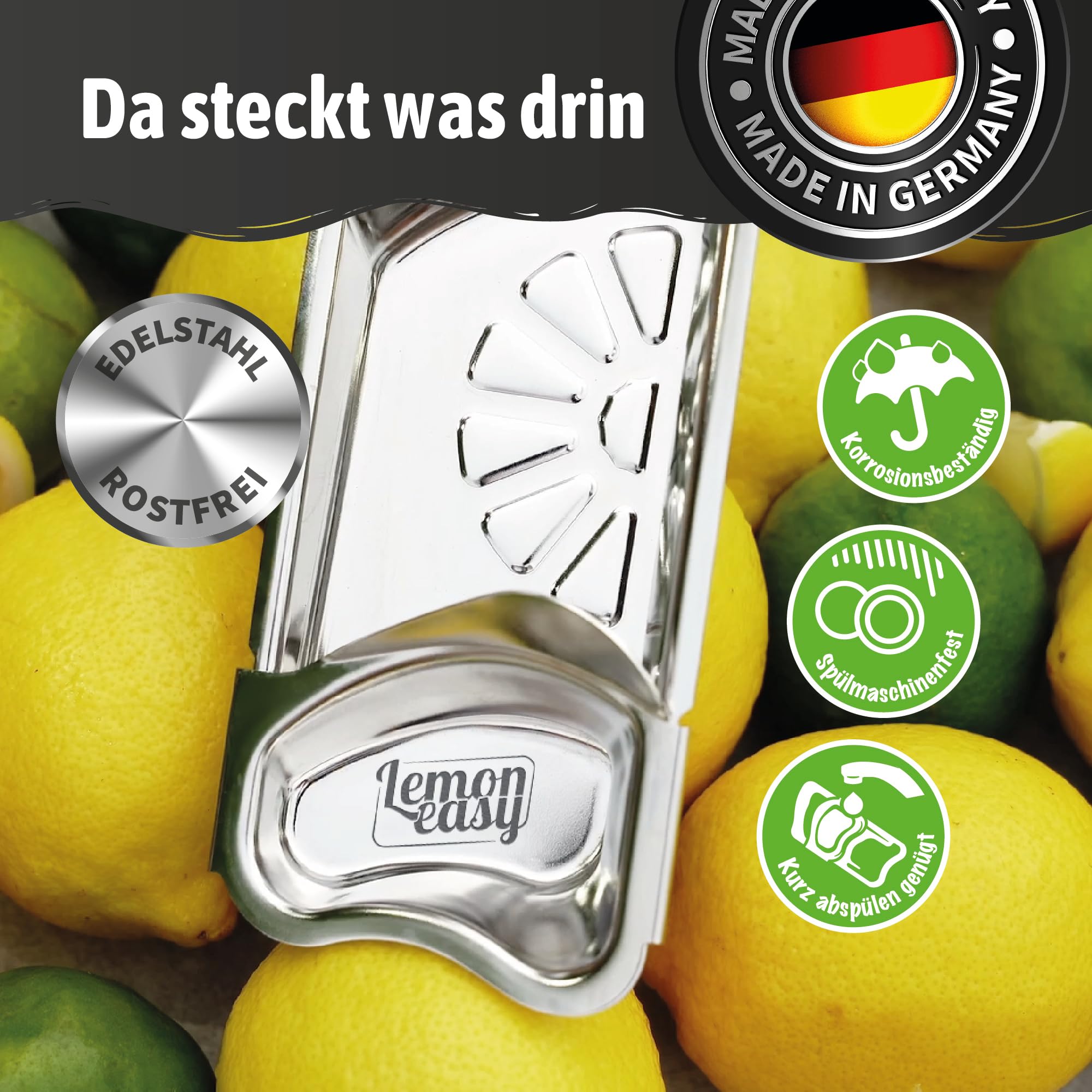 PLUS - Spremiagrumi in acciaio inox, prodotto in Germania, spingere invece di spremere per la massima resa di succo - lavabile in lavastoviglie, igienico ed ergonomico