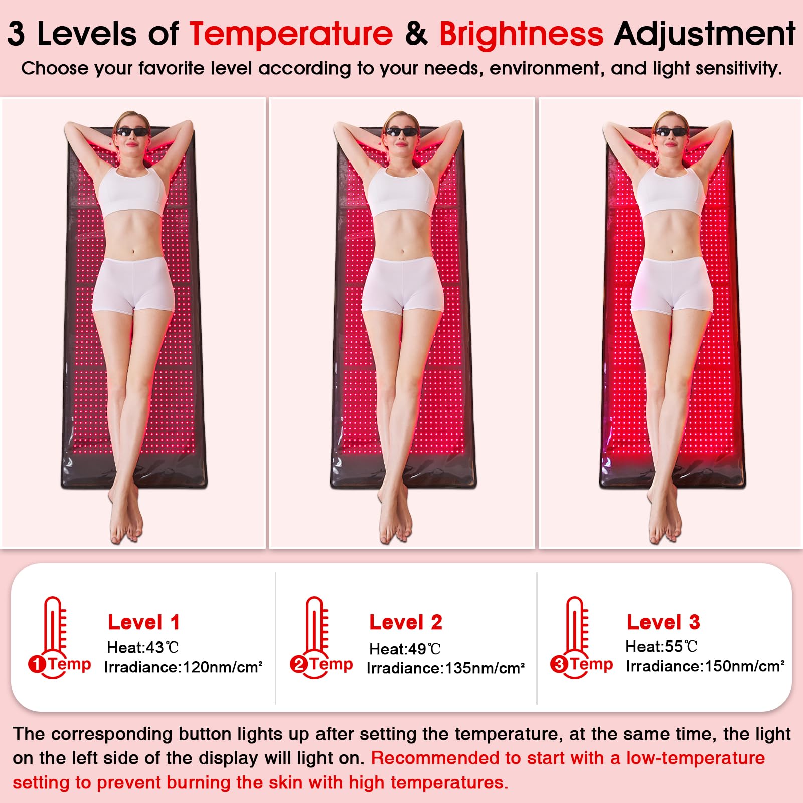 JOBYNA Terapia na podczerwień i terapia czerwonym światłem w przypadku bólu, 660 nm i 850 nm LED Red Light Therapy dla całego ciała, czerwone światło, lampa na podczerwień z timerem, 3 temperatury