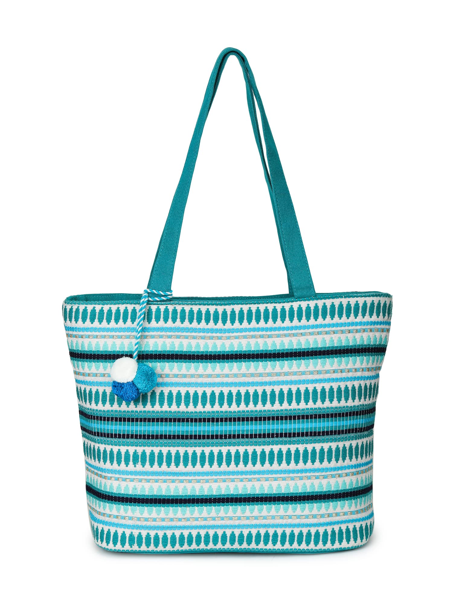 Alii And Aliizey Canvas Jacquard Woven Fabric Medium Tote Bag Women's Handbag College Bag Shoulder Bag (Teal & Gold) (AJ_6212_Teal)