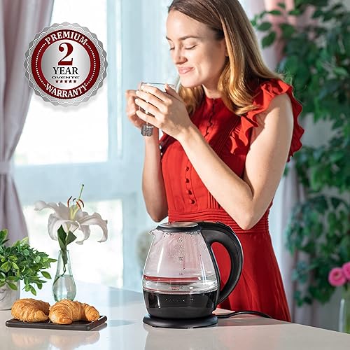 Miniatura 6 de OVENTE KG845B - Hervidor eléctrico de vidrio iluminado de 1.5 litros con luz LED azul y tapa de acero inoxidable, calentador de té de calentamiento