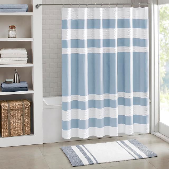 Madison Park Madison Park Spa Waffle Shower Curtain for Bathroom, 72 x 72, Blue | Striped, Pieced Fabric Design, 3M Scotchgard Moisture Management, Hotel Quality, Modern, for Bathroom, OEKO-TEX Certified, Stripe Blue, 72"W x 72"L (Pack of 1)