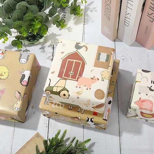 Miniatura 5 de AnyDesign - 12 hojas de papel de regalo con temática de animales de granja, papel de regalo plegado a granel, plano retro, caricatura, papel de