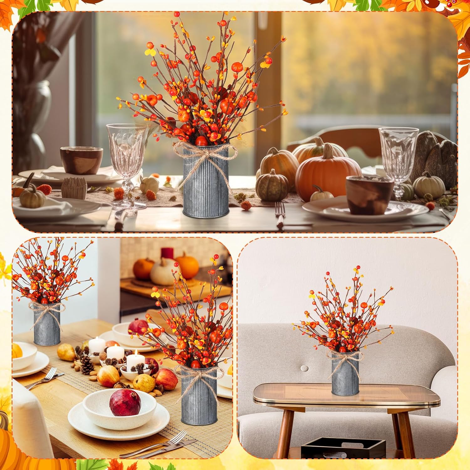Mimorou 2 Set Fall Thanksgiving Table Centerpiece Decoration Artificial Autumn Flowers with Vintage Vase 6 Pcs Pumpkin Berry Picks 2 Pcs Metal Vases for Thanksgiving Harvest Indoor Outdoor Home - Image 6
