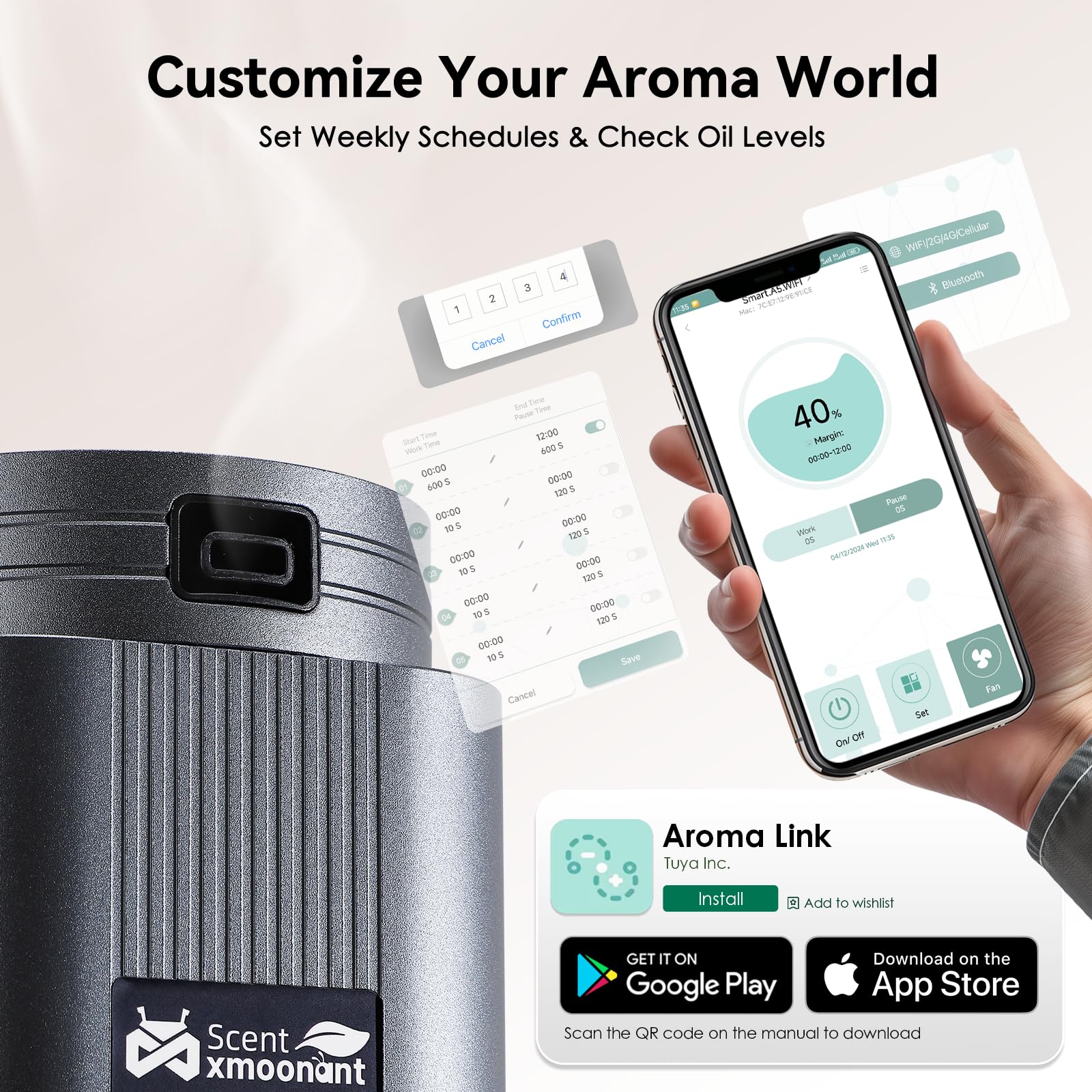 Mxmoonant Diffuseur d'Huiles Essentielles sans Eau, Couvrant 2000m³, 500ml Bouteille d'huile, Application et Télécommande, Commerce, pour Bureau, Magasin, Hotel, Salles de Sport | Commande App/télécommande, 2000m³, détection d'huile essentielle, pour bure