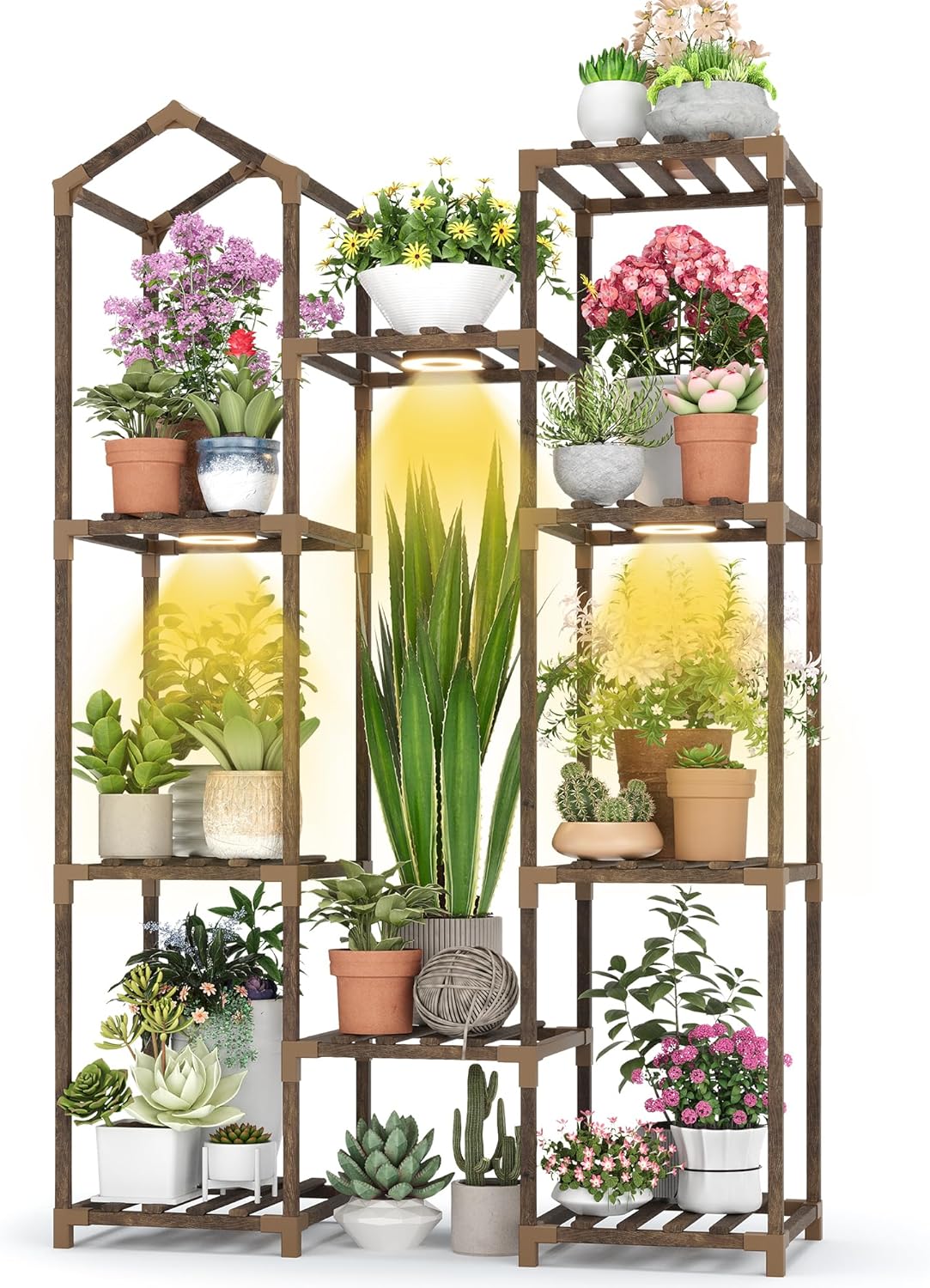 Indoor Plant Stand with Grow Light, Tall 4-Tier Wooden Ladder Plant Shelf for Multiple Plants, Large Corner Plant Rack Holder for Living Room Patio