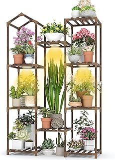 Wooden Plant Stand with Grow Light, 4-Tier Indoor Ladder Shelf with Roof...