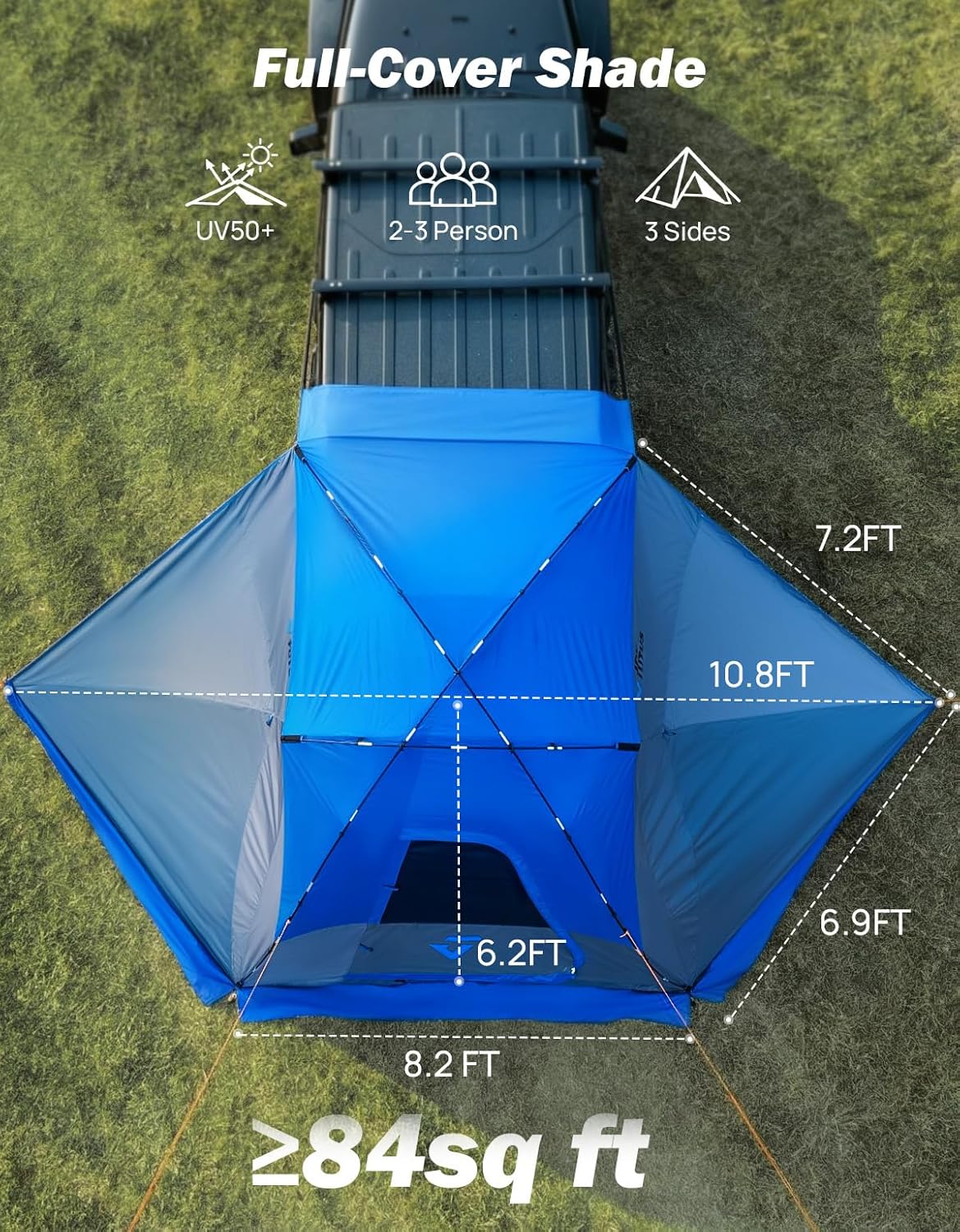 JOYTUTUS Car Shelter with Full-Coverage Sunshade for Side or Rear, Universal Mount Vehicle Awning and Car Camping Tent, Easy Set-up Buckles, Roll up Sides and Windows, UV50+, Rainproof, Gray Blue