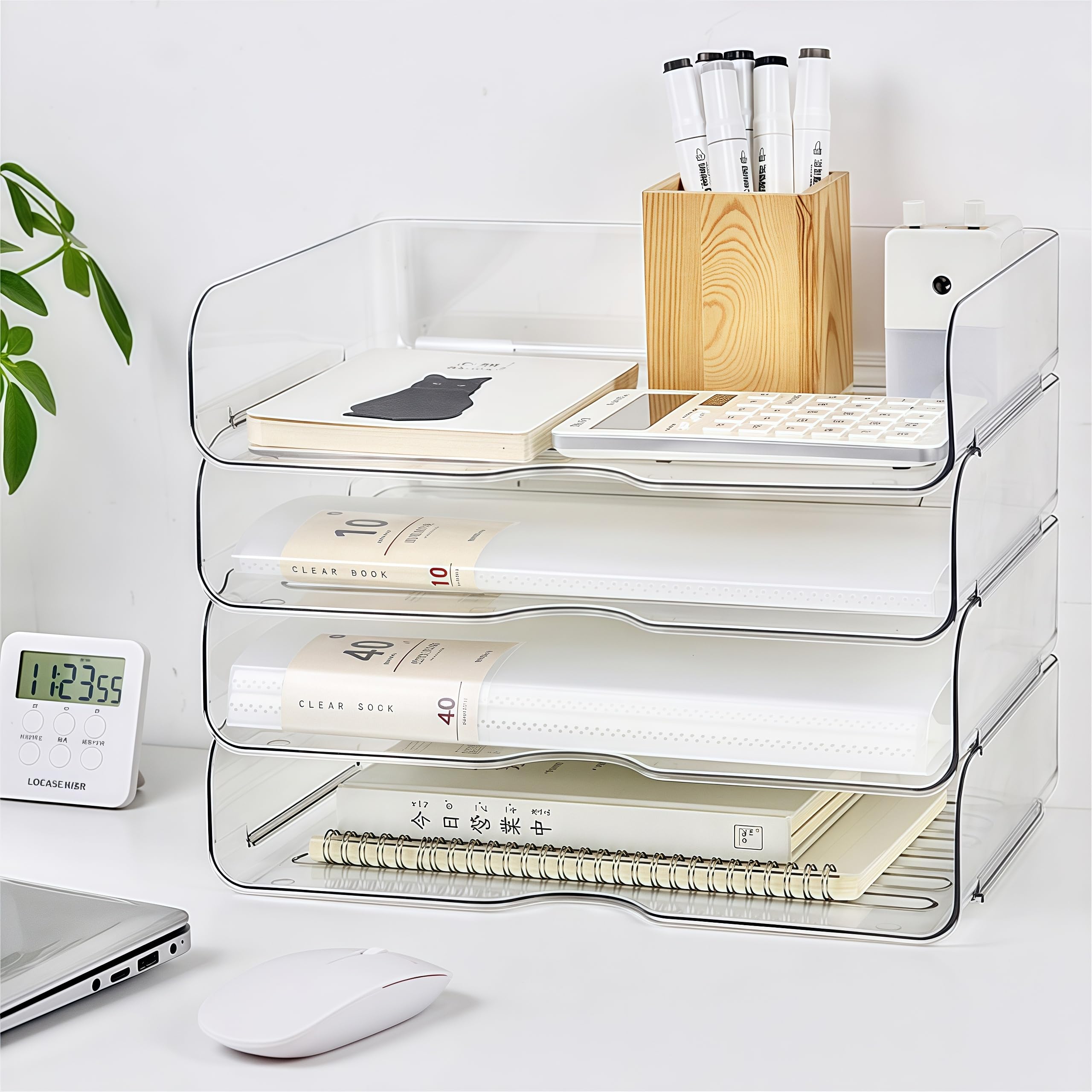 4 Tier Letter Tray Organizer, A4 Size Clear PET Stackable Document Organizer, Desktop File Paper Holder Book Document Storage, Filing Trays for A4 Paper, Magazine, Receipts, Office Supplies