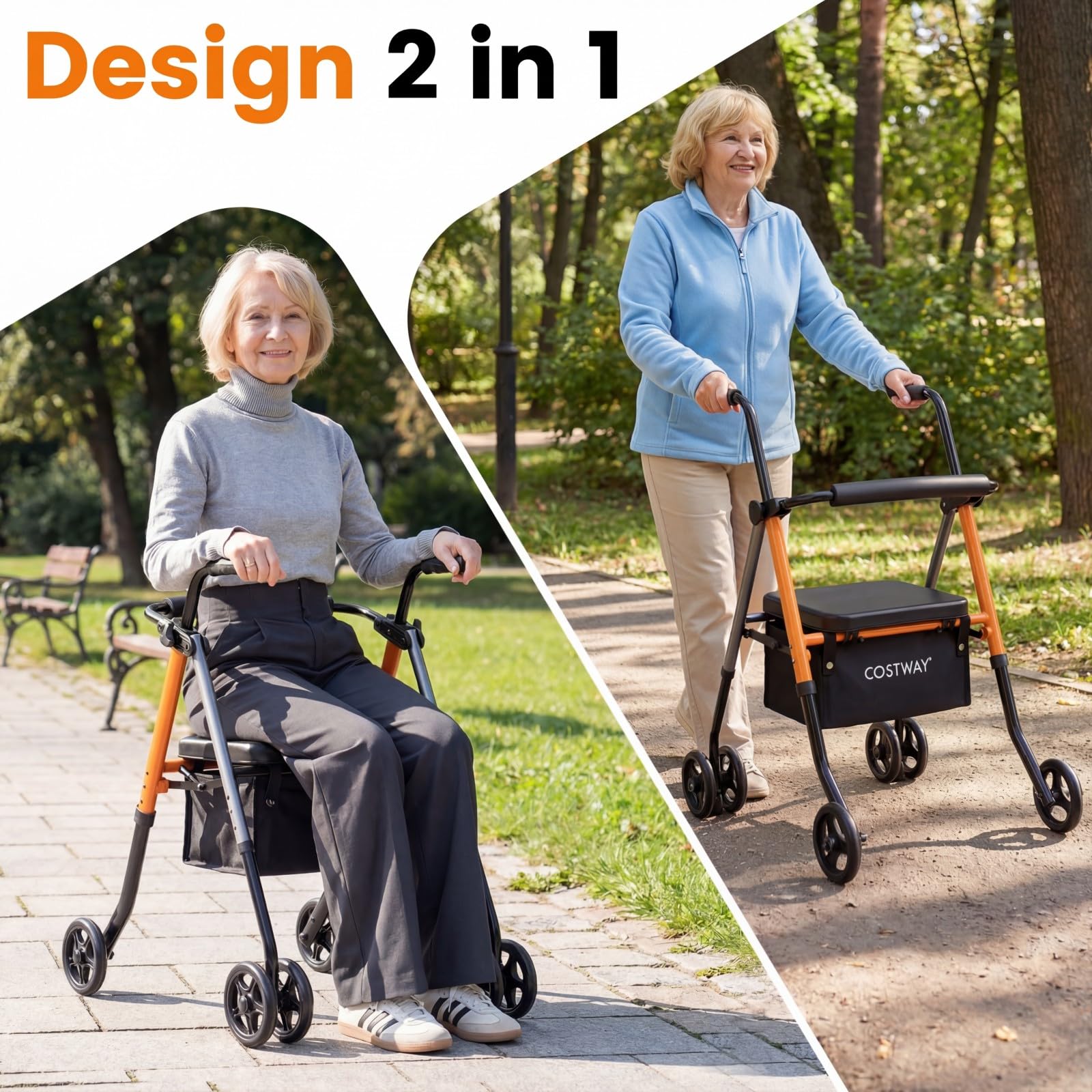 COSTWAY Deambulatore per Anziani Pieghevole 2 in 1 con Seduta a 3 Livelli | Rollator Portatile con Sacchetti Portaoggetti e Impugnatura Ergonomica da Interno ed Esterno