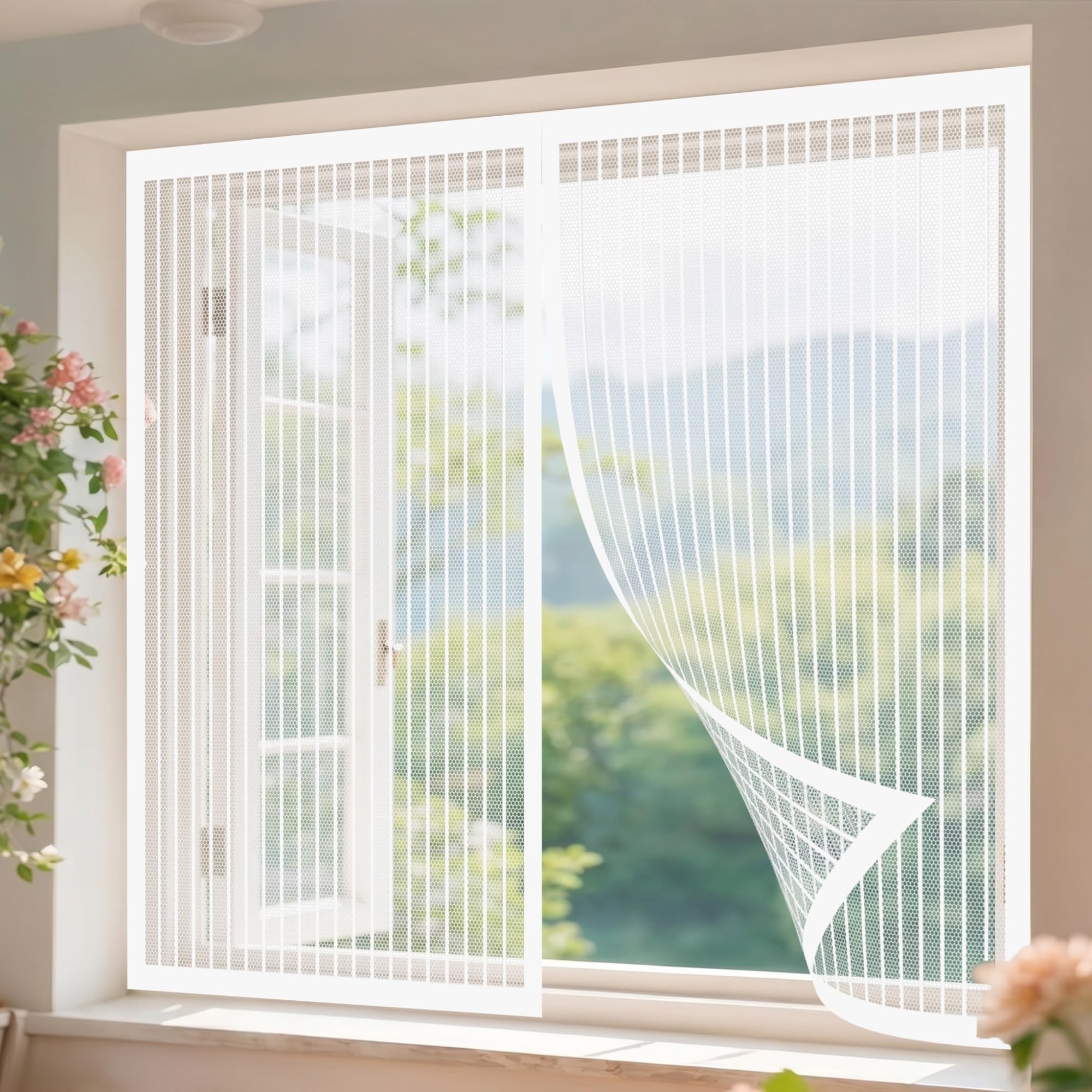 Magnetic Window Screen 162 x 145 cm Easy Installation Bug Net Fly Screen Window Nets Excellent Airflow for Windows, White