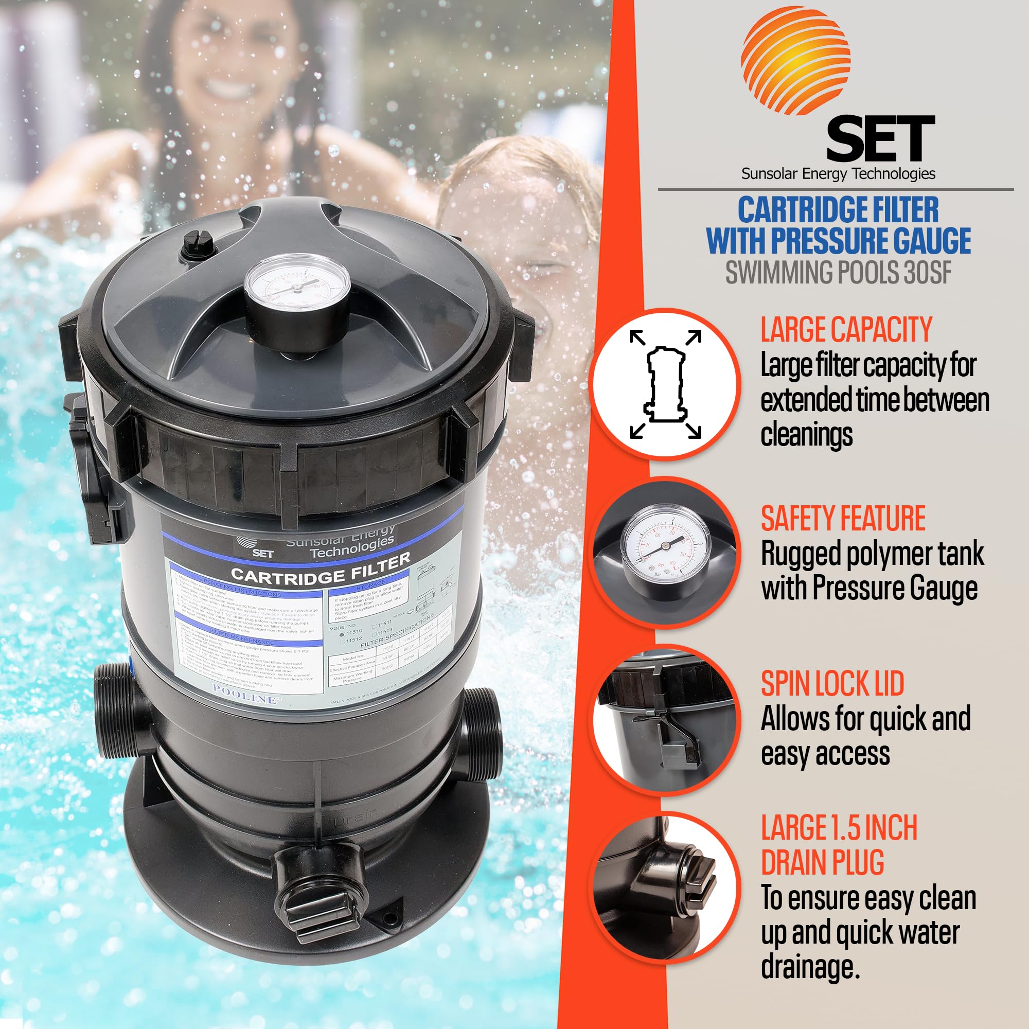 Set SunSolar Energy Technologies Pool Cartridge Filter System 30SF Filter  Area for Pools up to 5000 Gallons : Amazon.ca: Patio, Lawn \u0026 Garden