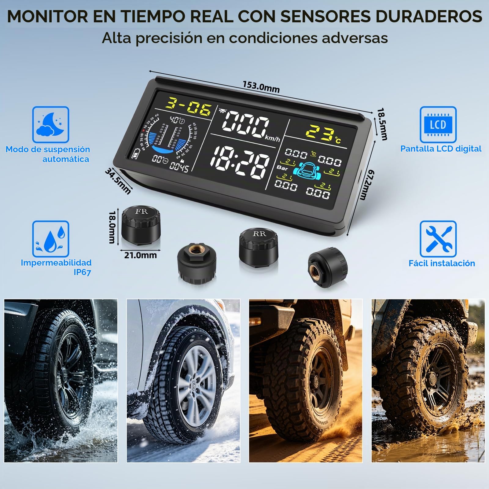 TPMS Sistema de Monitoreo de Presión de Neumáticos Solar 0-199 PSI | 6 Modos de Alarma, Indicador de Pendiente/Velocidad/Altitud/Hora, con Pantalla LCD, con Sensor de Cobre IP67 para Coche
