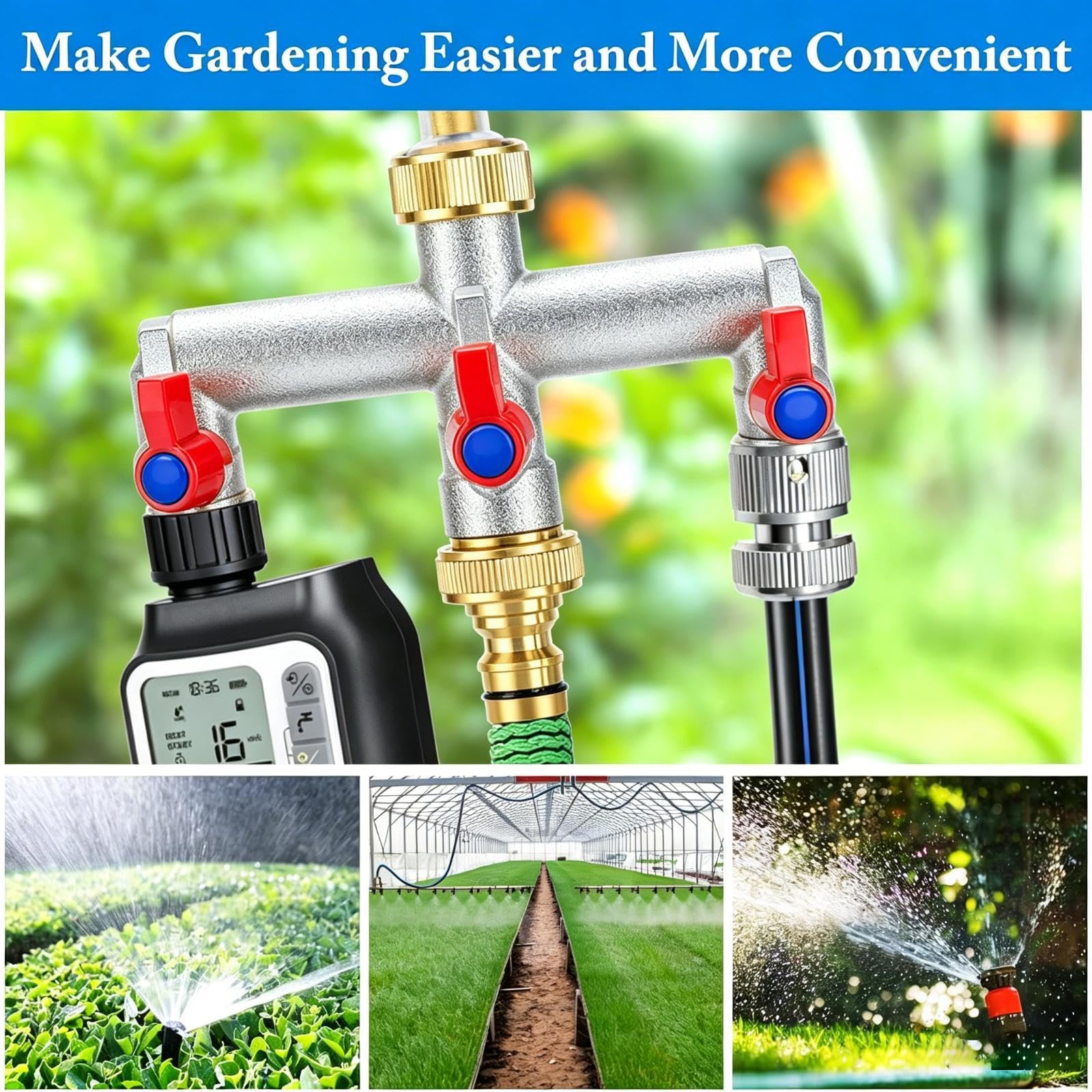 Qianly Hose Splitter Conector de para Grifo Exterior Distribuidor de Agua Vías Latón Resistente Adecuado para Riego de Jardines Uso Doméstico, Azul Rojo